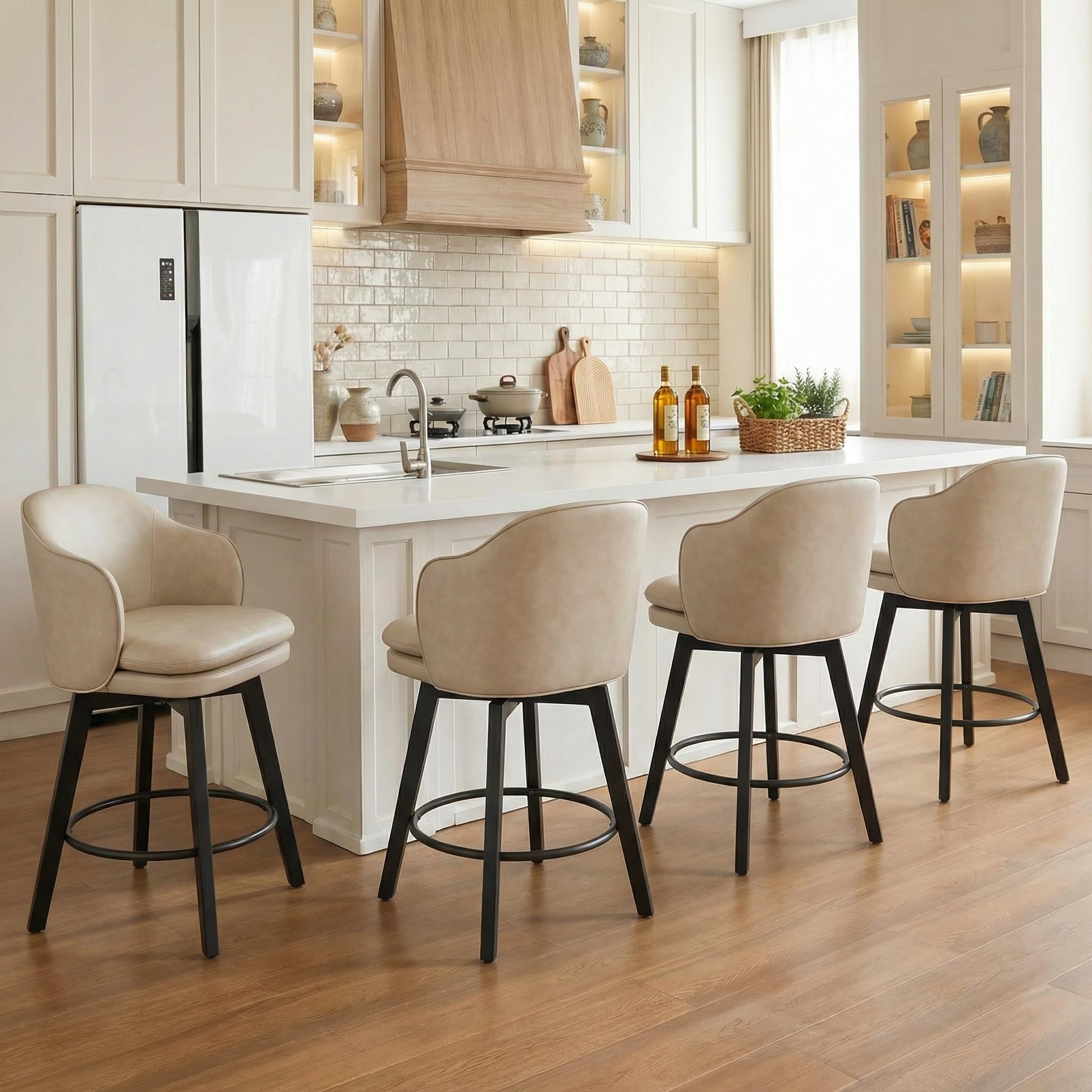 Photo 1 of ***SOLD FOR PARTS***Counter Height Barstools 26 inch Upholstered Swivel Bar Stools with Back and Wood Legs for Kitchen Island,Set of 4,Beige PU Leather