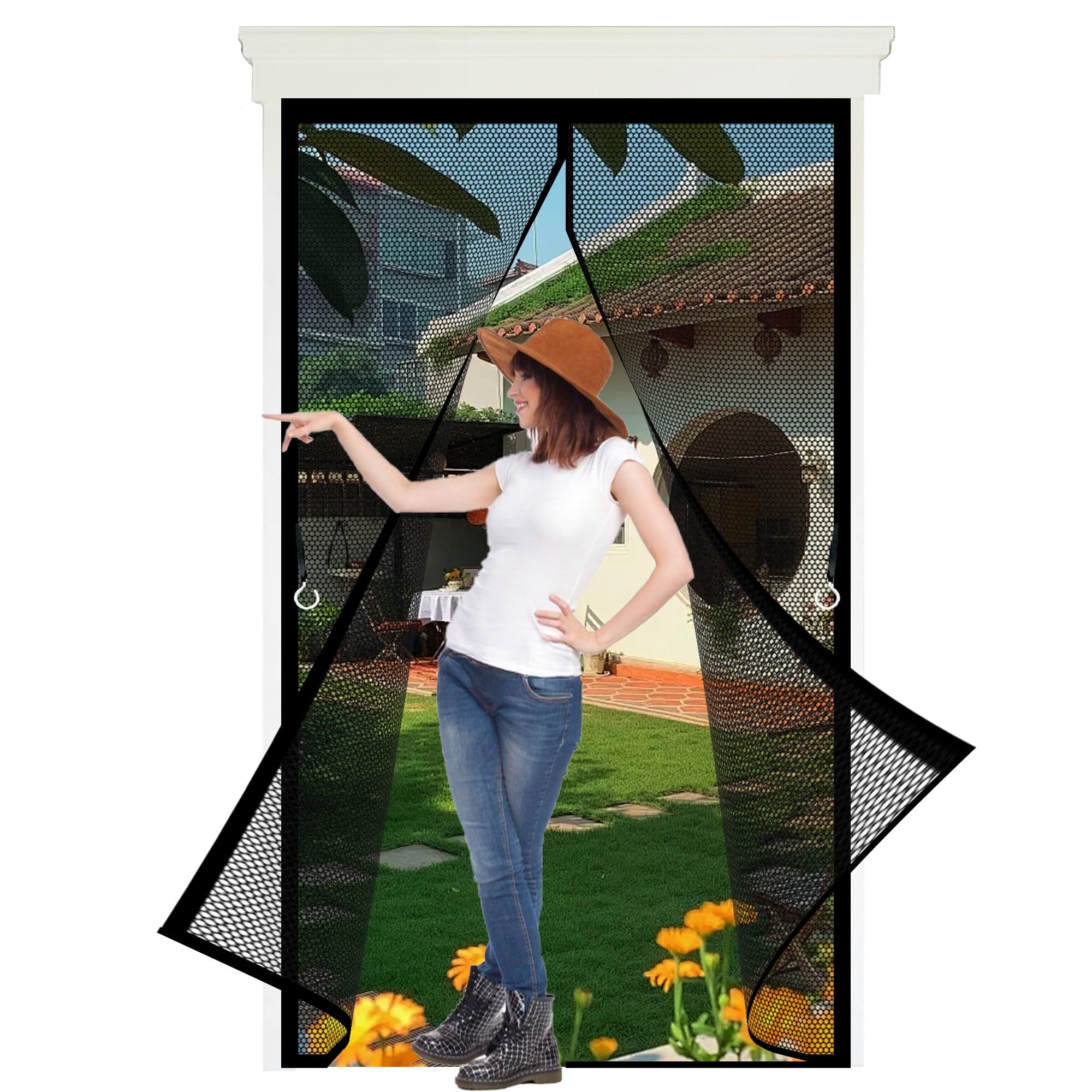 Magnetic Fly Screen Door 138 x 153 cm Frame Hook & Loop, Powerful Magnets Magnetic Door Curtain Lets Fresh Air, Easy to Install for Keeping Out Flies, Black