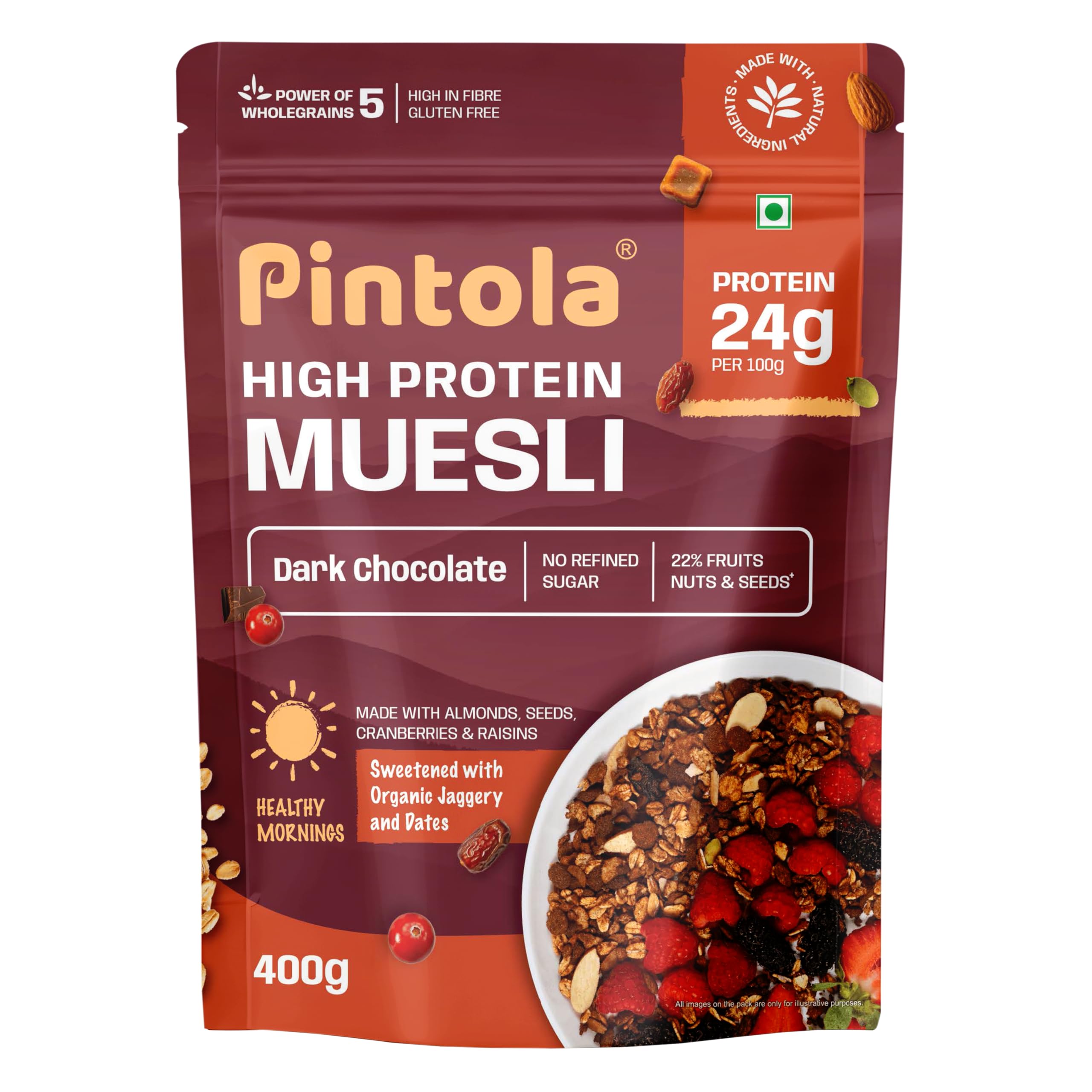 Pintola High Protein Muesli Dark Chocolate & Cranberry 400g, 24g Protein, High Fibre, Trans Fat Free with Brown Sugar, Real Fruits, Muesli for Breakfast Food, Muselies Fruit Nuts and Seeds (400g)