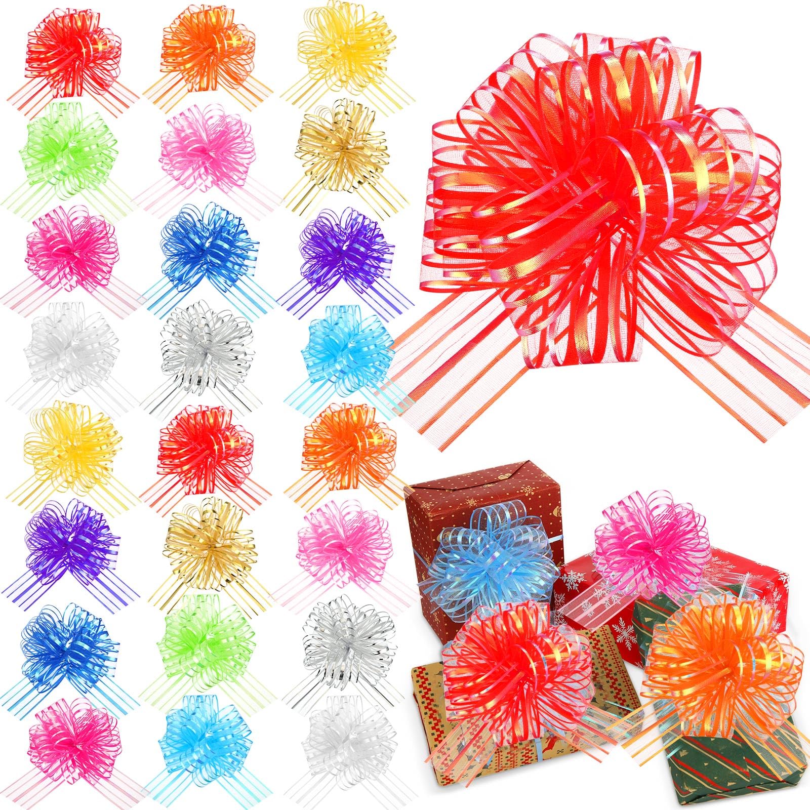 Poen 12 Pieces Pull Bow Large Organza Pull Bow Gift Wrapping Pull Bow With Ribbon Gift Baskets, 6 Inches Diameter (Mixed Color)