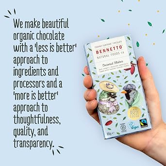 BENNETTO | Coconut Flakes | Dark organic chocolate loaded with toasted coconut flakes. 60% cocoa. Certified organic, Fairtrade, and net climate positive. 1x 80g Bar