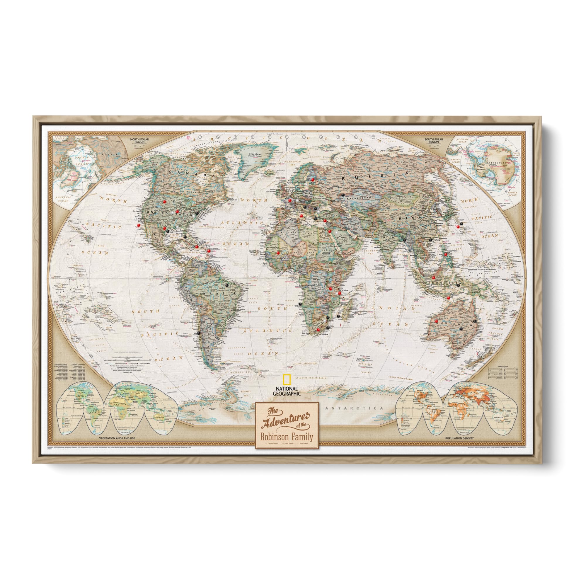 Executive World Push Pin Map – National Geographic Antique Style Canvas Travel Tracker – Extra Large Framed Wall Decor – Natural Float Frame – 34" x 51"