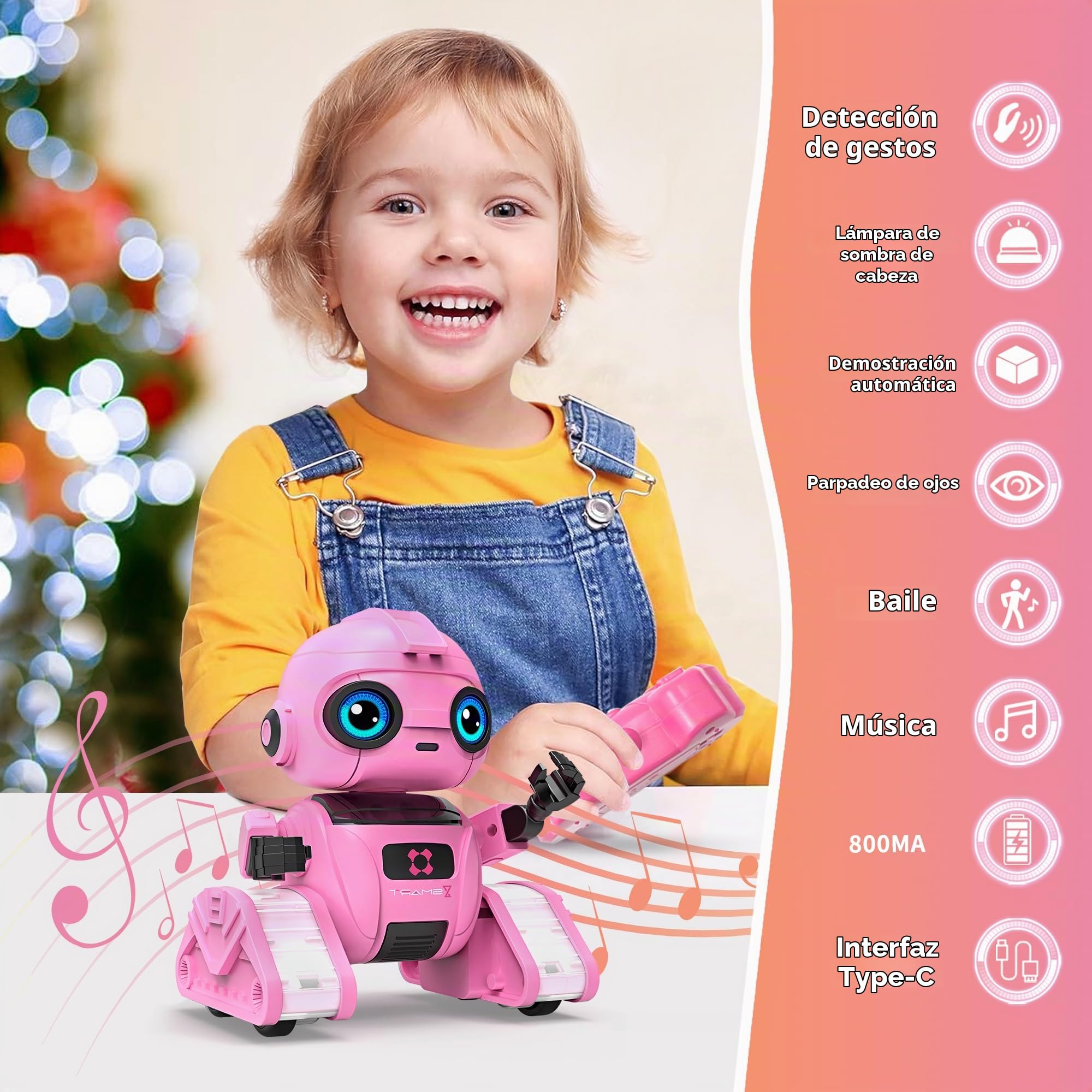 Robot juguete para niños – Recargable, ojos LED y música, robot RC con sensor de gestos para niños a partir de 3, 4, 5, 6, 7, 8, 9, 10 años, regalo para niños (rosa)