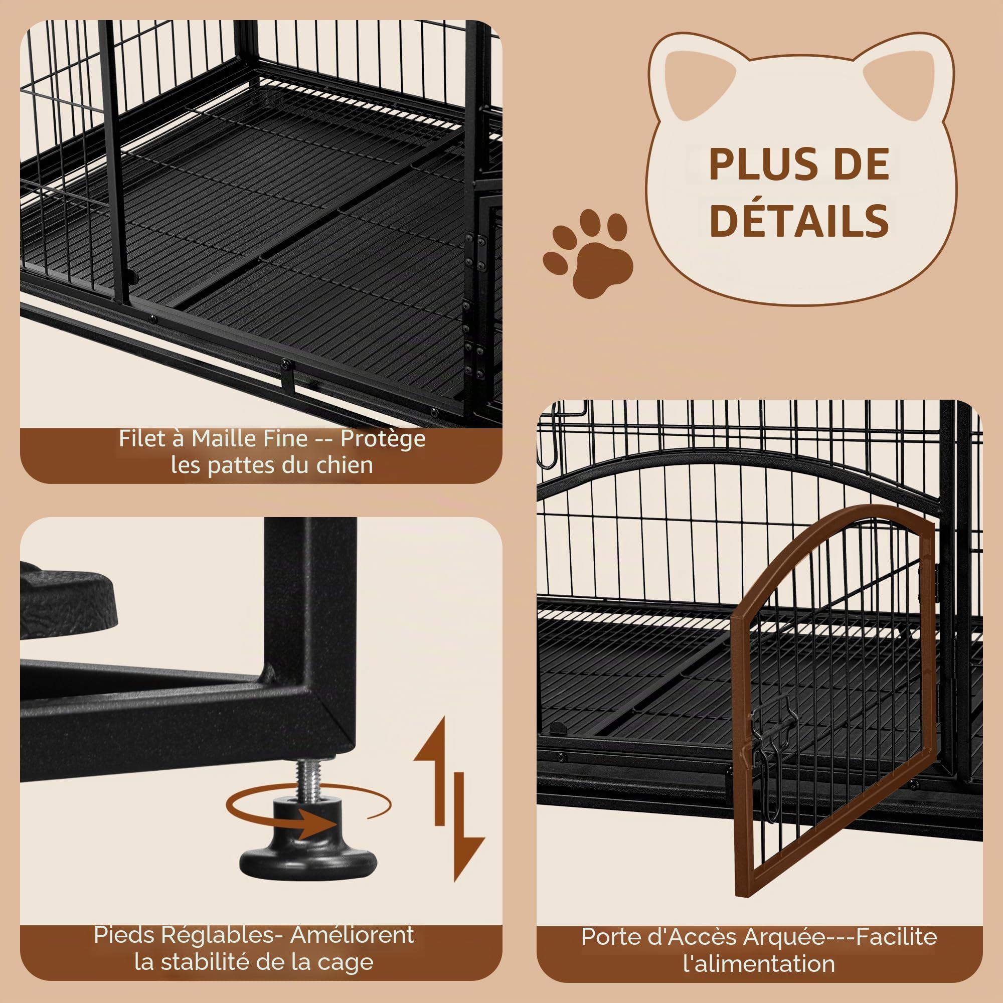 Cage pour Chien Lourd, XL Cage pour Chien Métal avec Porte Latérale et Plateau Amovible, Facile à Nettoyer, 4 Portes Caisse pour Animaux, Caisse Chien Intérieur, Noir, 107 x 70 x 75 cm