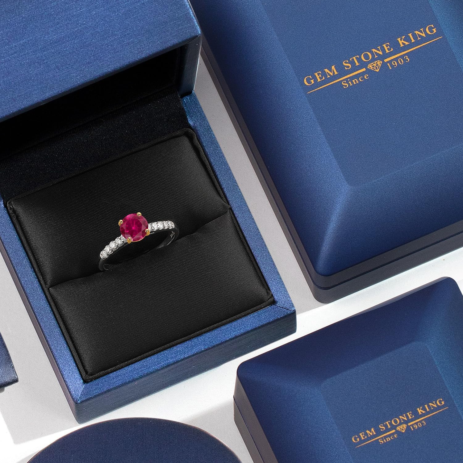 Gem Stone King 10K Two Tone Gold Gemstone Birthstone and White Lab Grown Diamond Engagement Ring For Women | Round 7MM and 1.7MM | Wedding Anniversary Promise Ring | Sizes 5, 6, 7, 8, 9 - Image 5