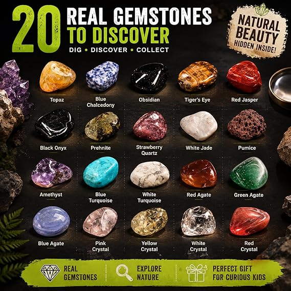 LotFancy Gemstone Dig Kit, Excavate 20 Real Gems, Science Kit for Kids Age 8-12, Educational Toy, Birthday Gift for Boys Girls with Mining Tools