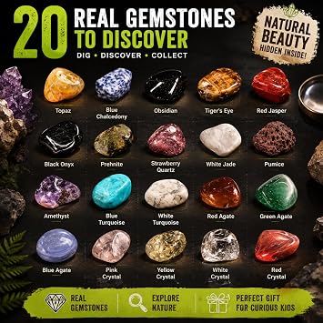 LotFancy Gemstone Dig Kit, Excavate 20 Real Gems, Science Kit for Kids Age 8-12, Educational Toy, Birthday Gift for Boys Girls with Mining Tools