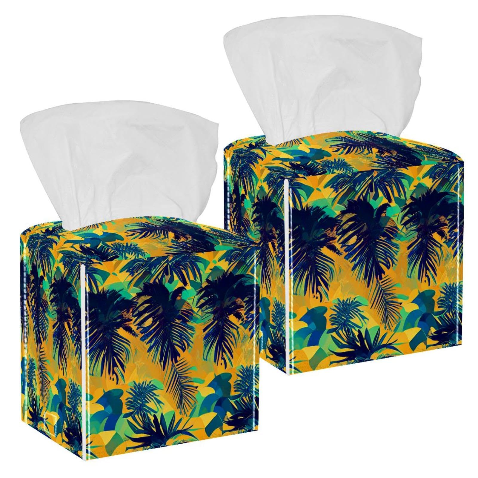Coconut Leaves Tissue Box Cover, 2 Pack PU Leather Square Facial Tissue Dispenser Box holder for Home Office Car