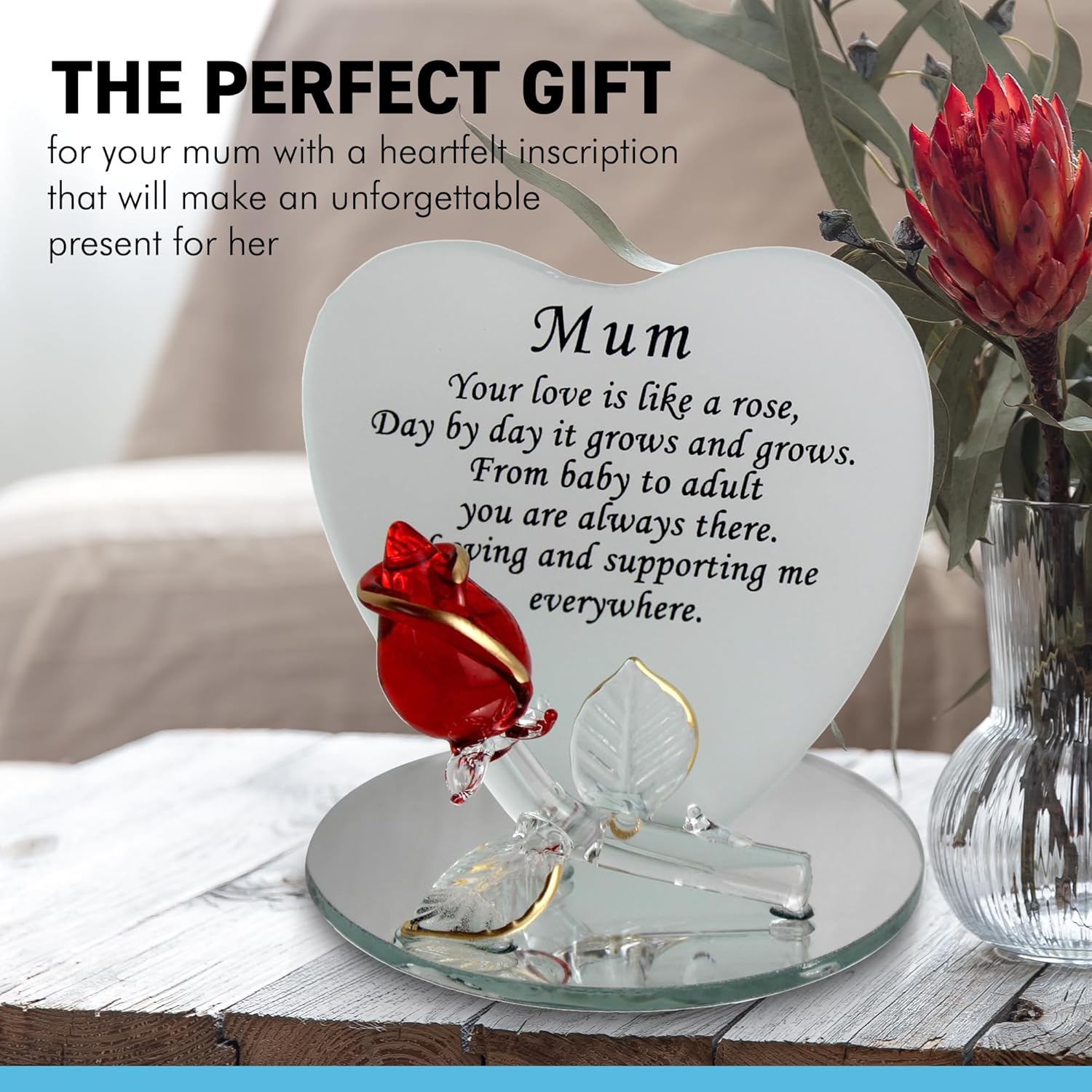 Thorness Mum Verse Tribute Poem Rose Glass Heart Plaque Mirror Base