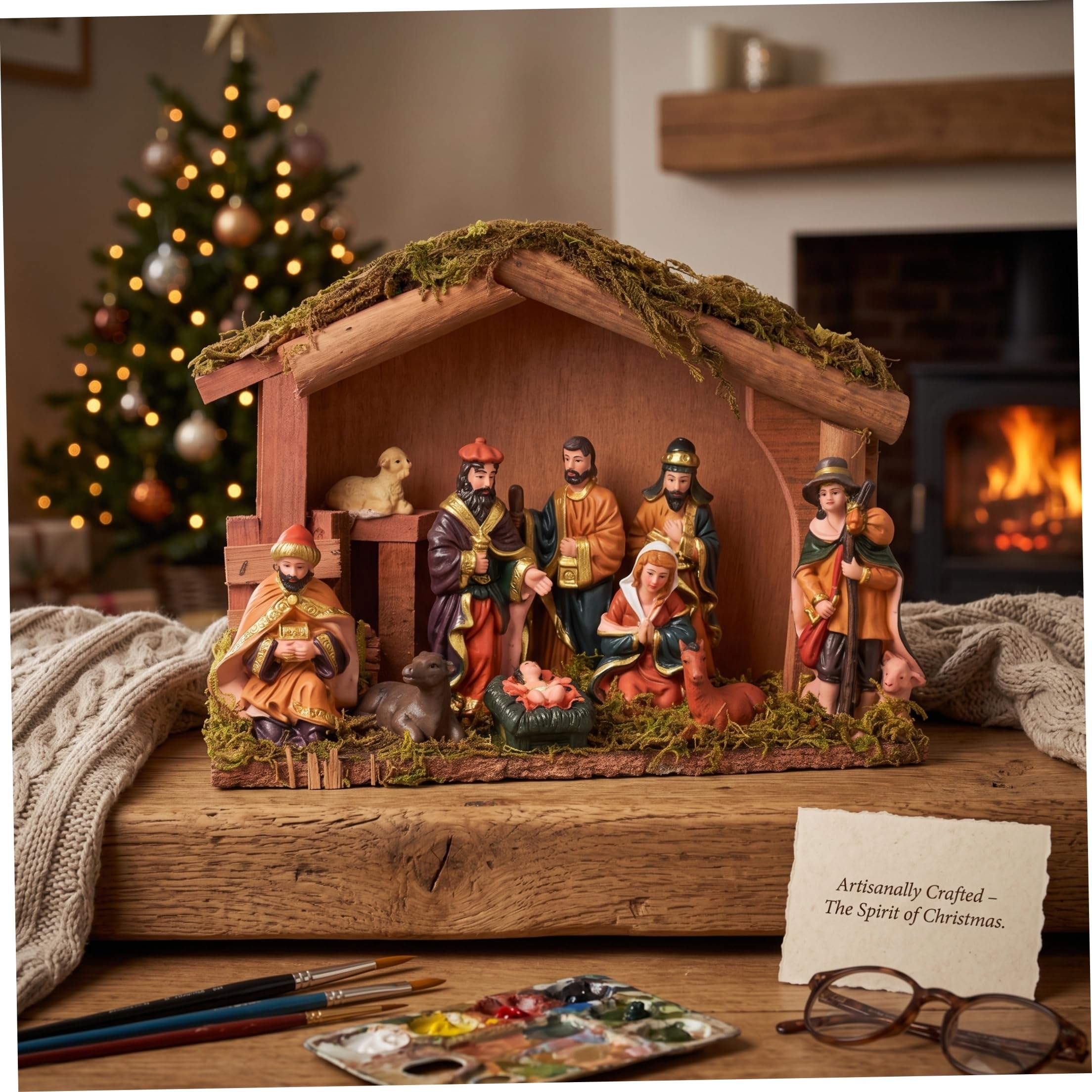 Statuine e presepi, statuine natalizie in resina con capanna in legno