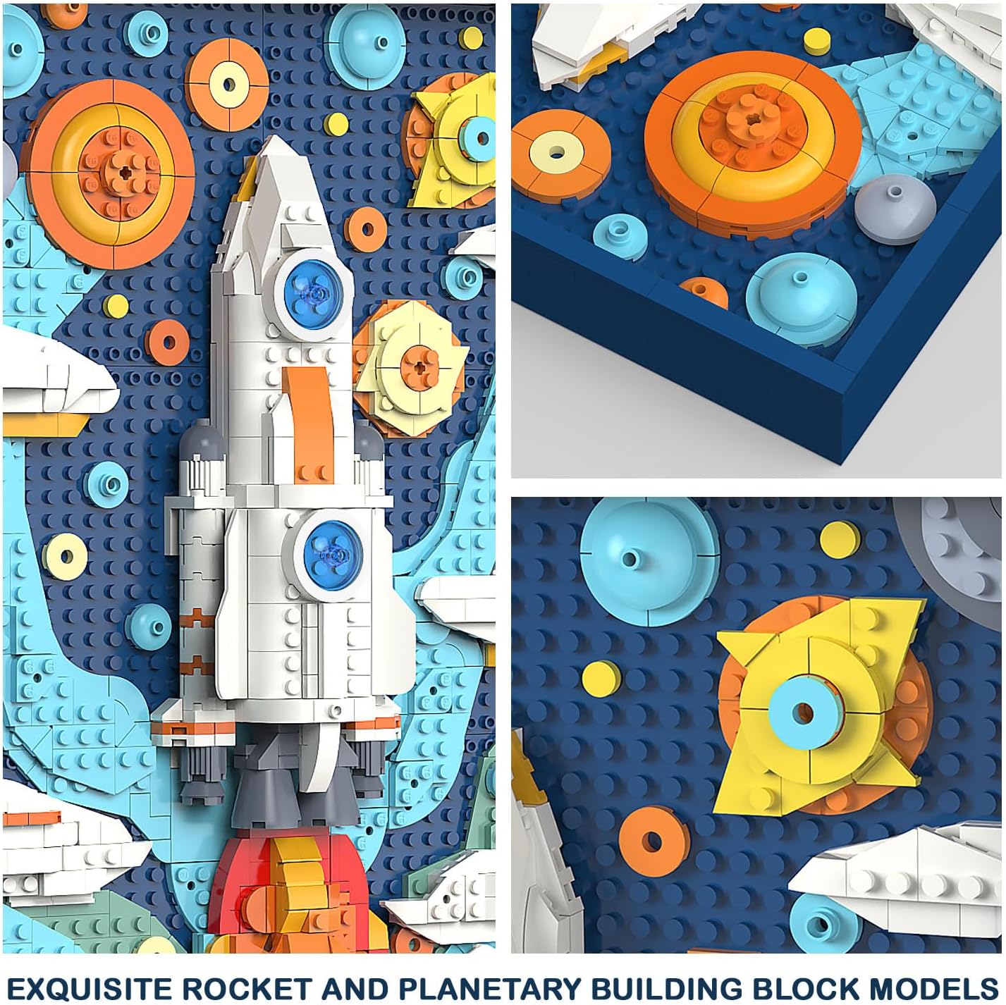 Close-up view of the intricate details and layered construction of the micro brick rocket model, showing various planetary elements.