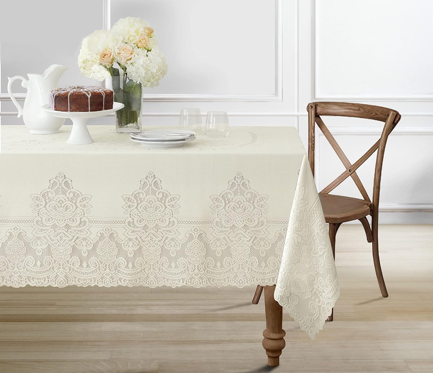 Newbridge Spring Allison Rectangle Lace Tablecloth, 60 x 144 Inch, Heirloom Scalloped Polyester Lace Table Cloth, White