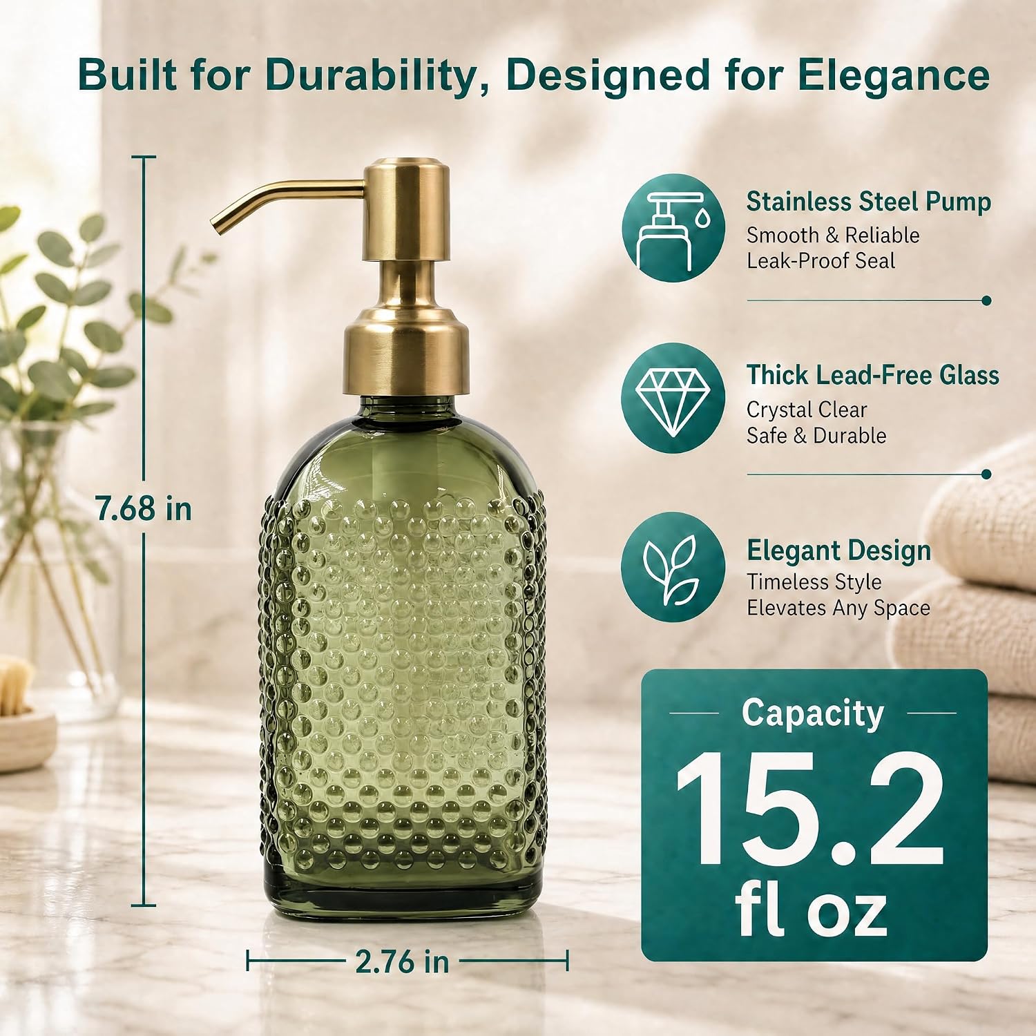 Green Glass Soap Dispenser with Brushed Gold Stainless Steel Pump Hobnail Design Refillable Bottle for Bathroom & Kitchen Countertop