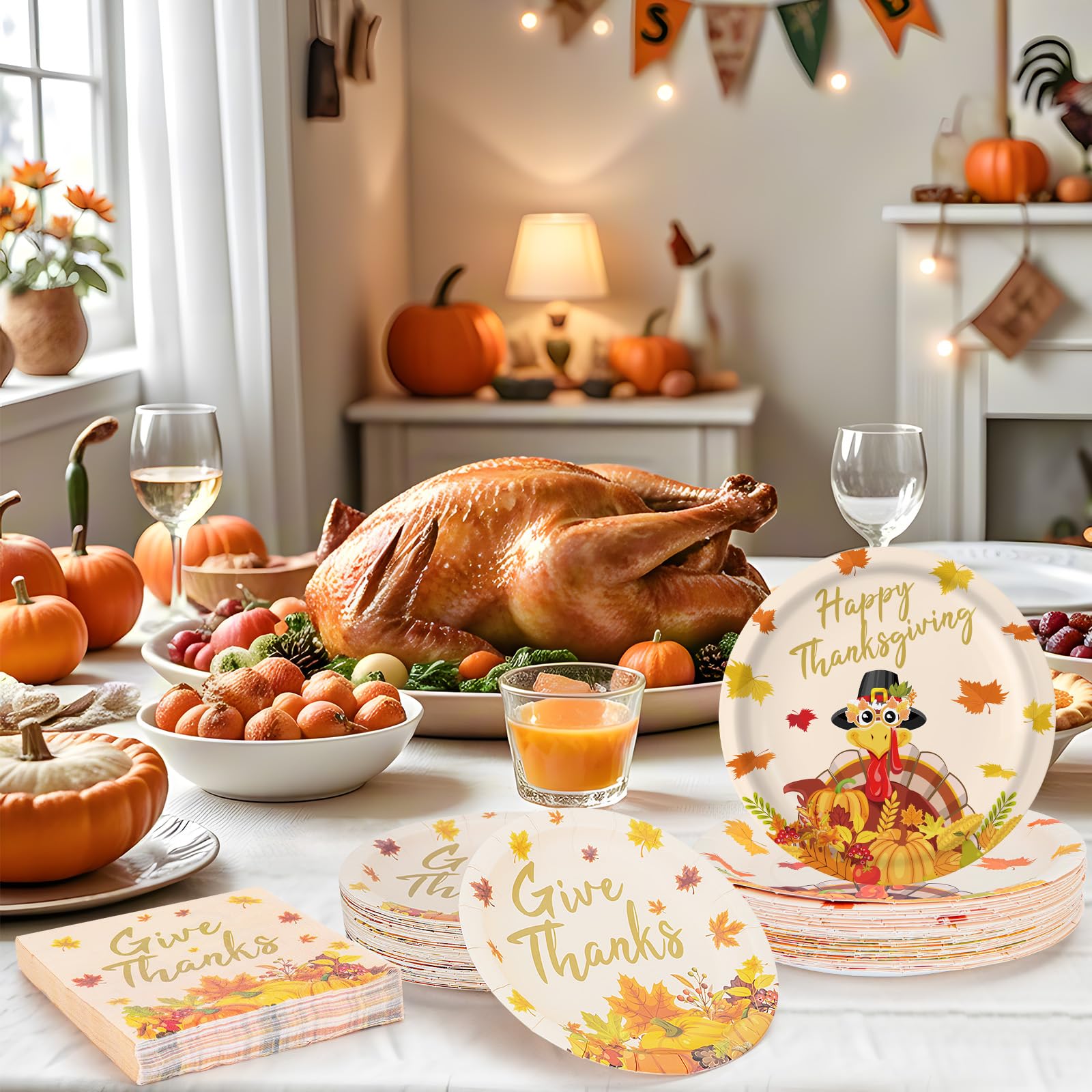 Juego de 150 platos y servilletas de Acción de Gracias – Vajilla redonda de Acción de Gracias, pavo de otoño desechable, platos de postre, vajilla para suministros de fiesta de Acción de Gracias,