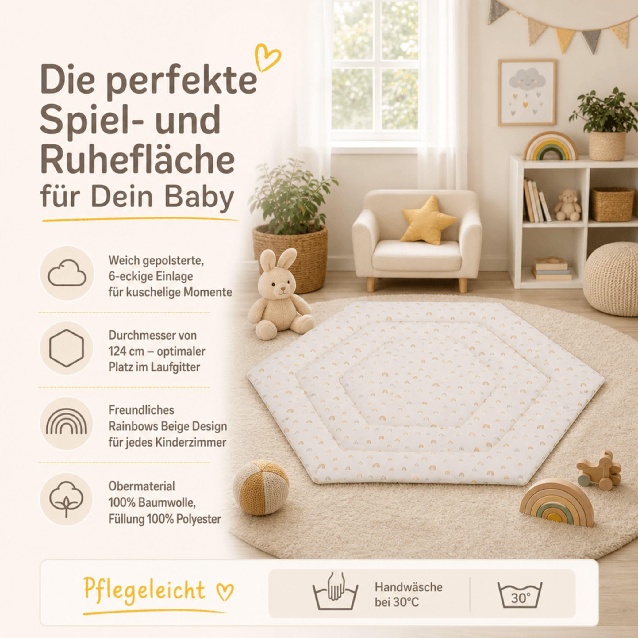 Fillikid Einlage Laufstall 6-eckig Exklusiv | Krabbeldecke Laufgitter 120 cm | Schutzeinlage Laufgitter weich gepolstert | Spieldecke waschbar | Laufgittereinlage