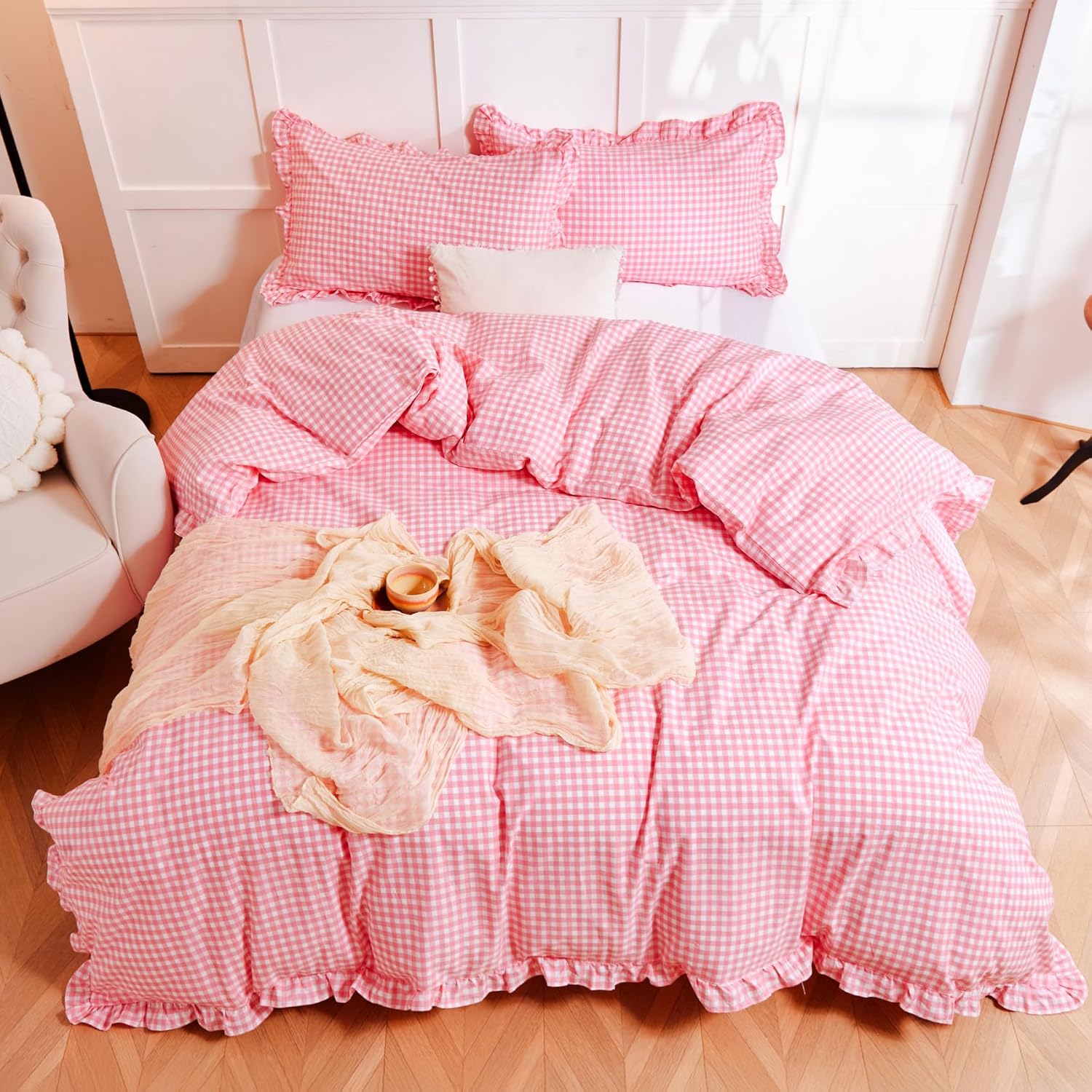 100% Cotton Gingham Duvet Cover Set Queen Size with Ruffle Trim, Washed Cotton Soft Small Checkered Grid Bedding Sets, Breathable Vintage Farmhouse Bedroom Decor 3 Pieces Pink, 90"x90"
