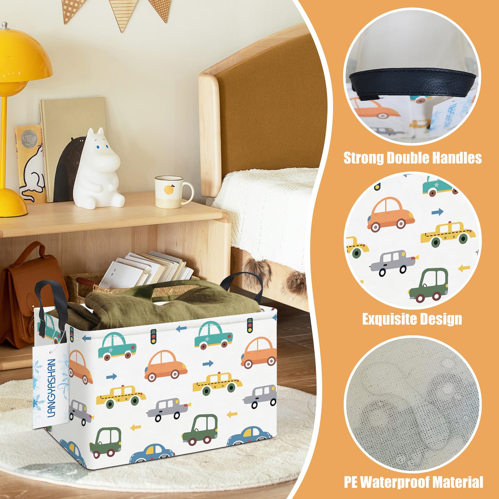 Cesta de almacenamiento rectangular de lona plegable de tela de dibujos animados con asas para organizar el hogar, cocina, niños y niñas, juguetes de oficina, armario, estantes (autos de 3