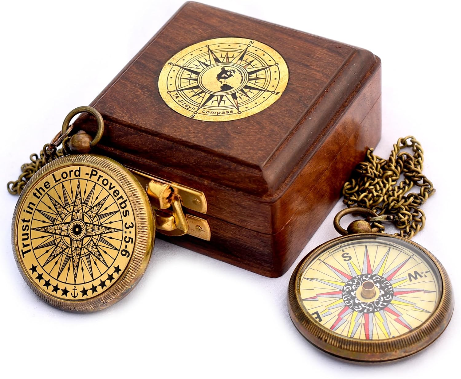 Trust in The Lord with All Your Heart -Proverbs 3: 5-6 Quote Engraved Compass with Wooden Box, Birthday, Baptism, Communion, Christmas, Graduation Day Gifts 2026 Compass for Women Mens Boy Girls