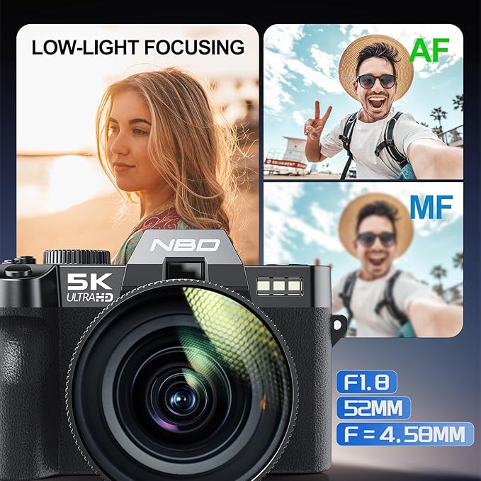 5K Digital Cameras for Photography,48MP Camara Fotograficas,Travel Vlogging Cameras for YouTube with 16X Digital Zoom,180°Flip Screen,52mm Macro Lens,2 Batteries,32GB SD Card（Black）