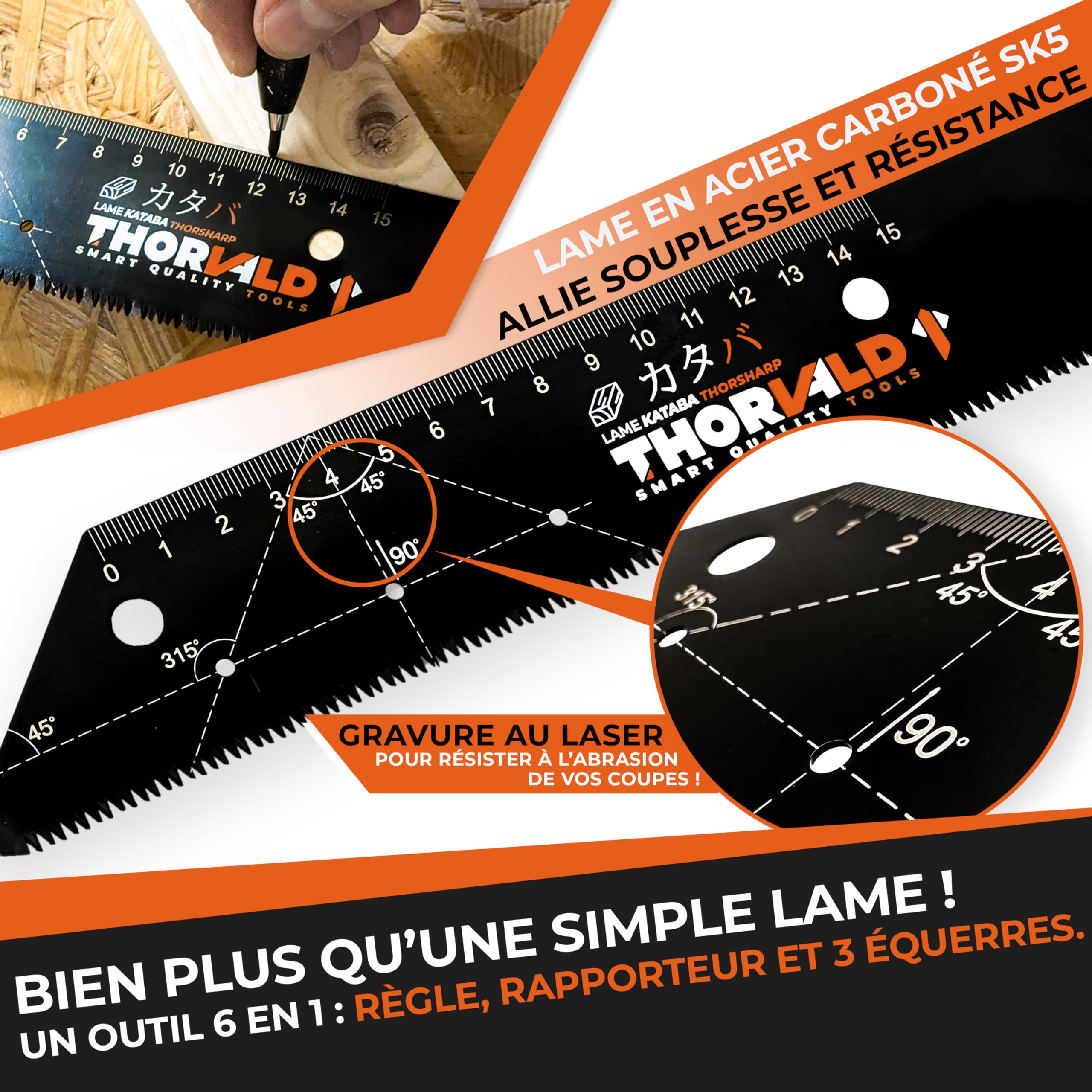 Lame Découpe précise 13 TPI 24 cm Ep 0,65mm Souple Résistante, Avec règle 15 cm, compas et Equerres Compatible Scie Japonaise Thorvald. L'outil De Référence Des Menuisiers et Charpentiers