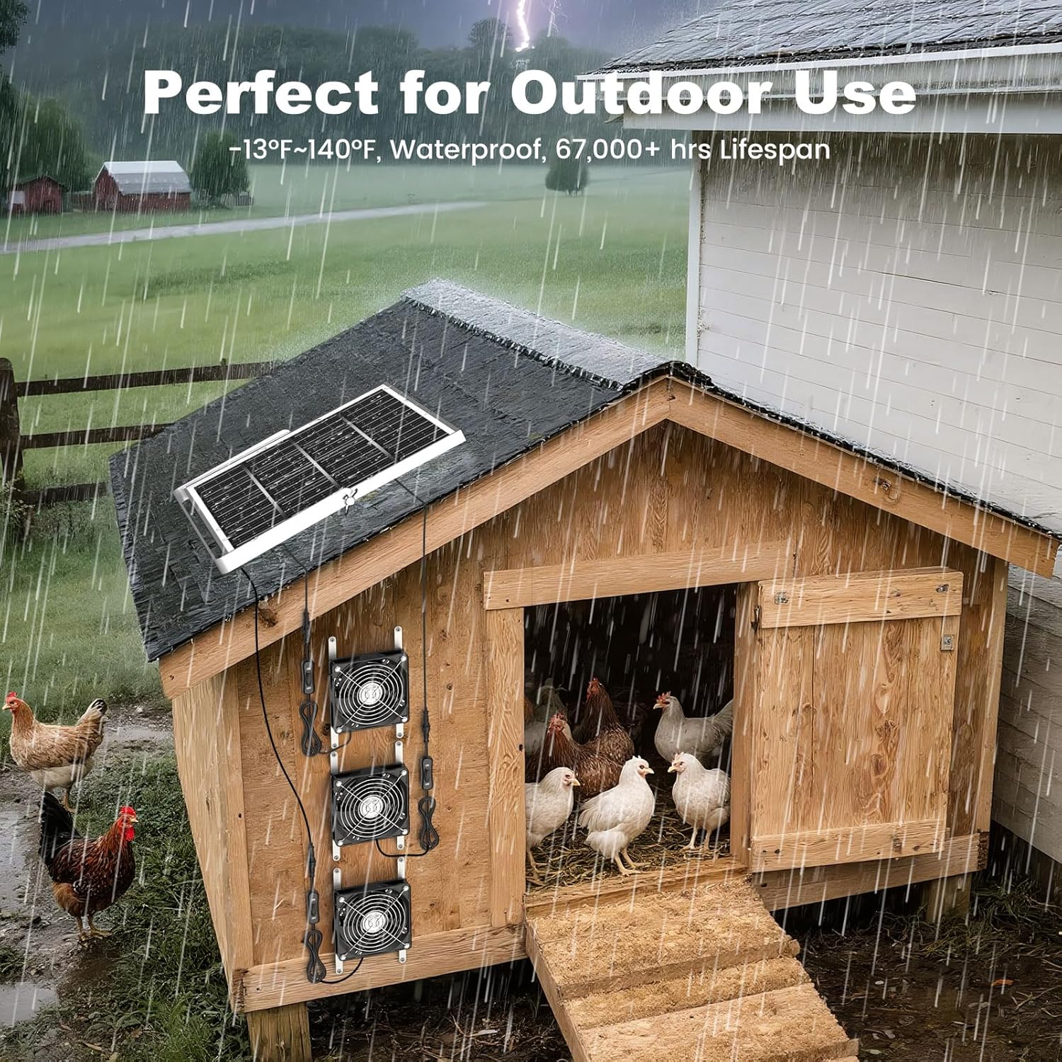 New 5.5" Solar Chicken Coop Fan 3 Kit, 35W Solar Powered Exhaust and Intake Greenhouse Fan Outdoor Waterproof, 16.5ft Cord, Strong Airflow, for Shed Pet House Air Circulation and Ventilation