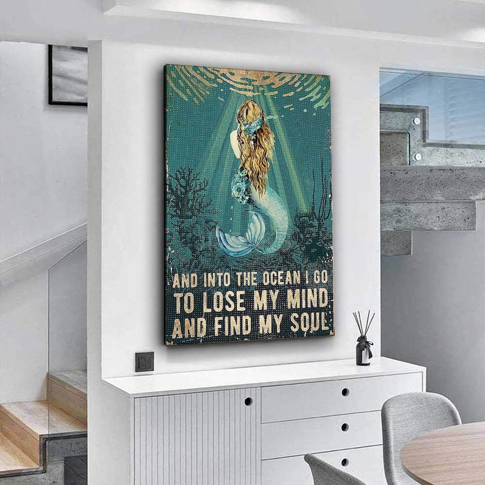 Targa Decorativa In Metallo 20x30 Cm – Scritta Sirena 'Into The Ocean I Go To Lose My Mind And Find My Soul' – Vintage Blu Mare Per Parete