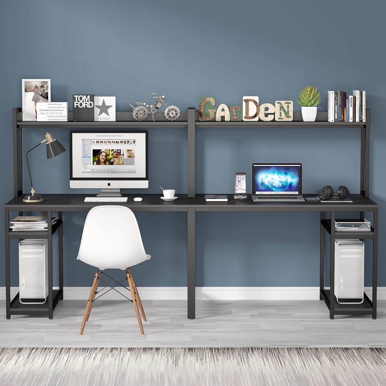 Tribesigns 94.5 inches Computer Desk with Hutch, Extra Long Two Person Desk with Storage Shelves, Double Workstation Office Desk Table Study Writing Desk for Home Office,Black