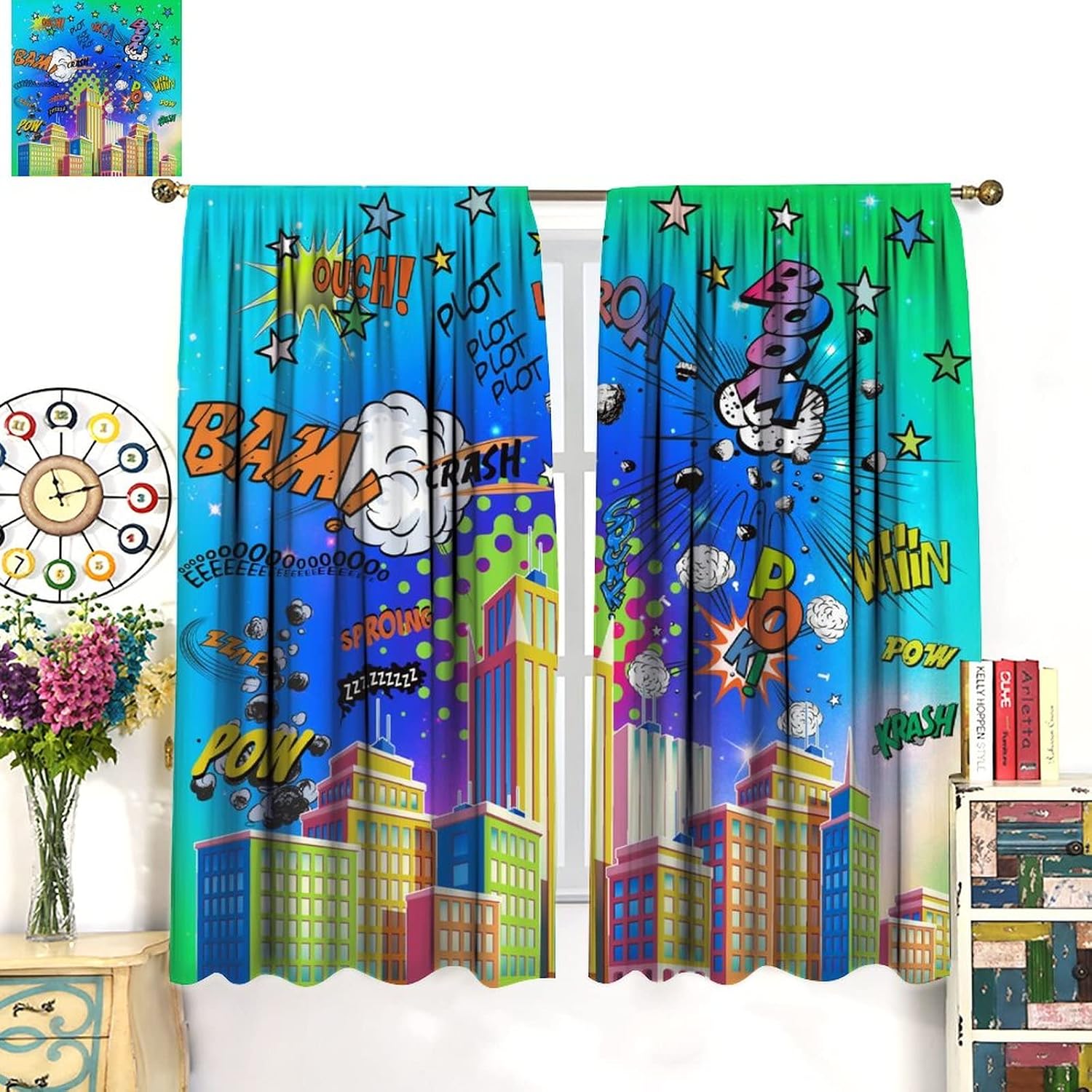 Comic City Pop Art Rod Pocket Blackout Curtains for Living Room,Room Darkening Funny Modern Colorful Night Buildings Art Window Treatment Drapes,2 Panels 45L x 21W
