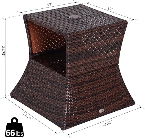 Miniatura 3 de Outsunny Mesa auxiliar para exteriores con agujero para paraguas, mesa auxiliar de mimbre de ratán de 2 niveles con estante de almacenamiento, todo