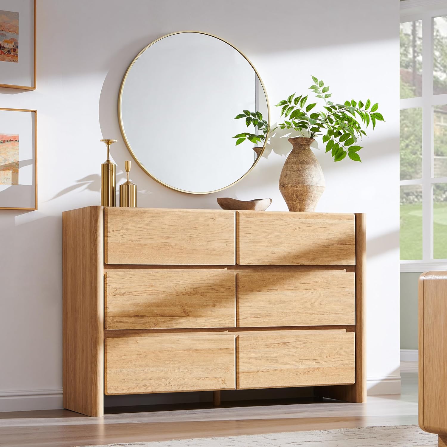 Modern 6 Drawers Dresser for Bedroom, 47" Wide Dresser w/Large Storage & Rounded Corner, Wood Handleless Chests of Drawers w/Natural Texture for Bedroom, Hallway, Living Room-Natural - Image 6
