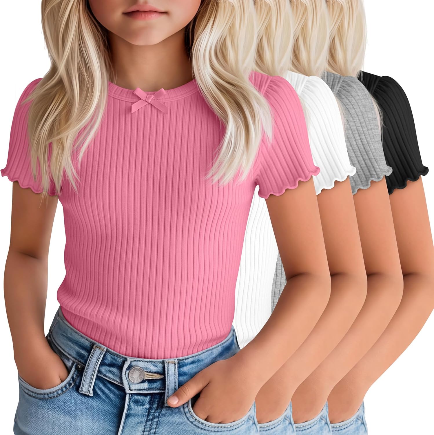 4 Pack Girls' Puff Short Sleeve T-Shirts 5-14 Years Cotton Ribbed Crew Neck Tops Fitted Lettuce Trim Bow Tie Tees
