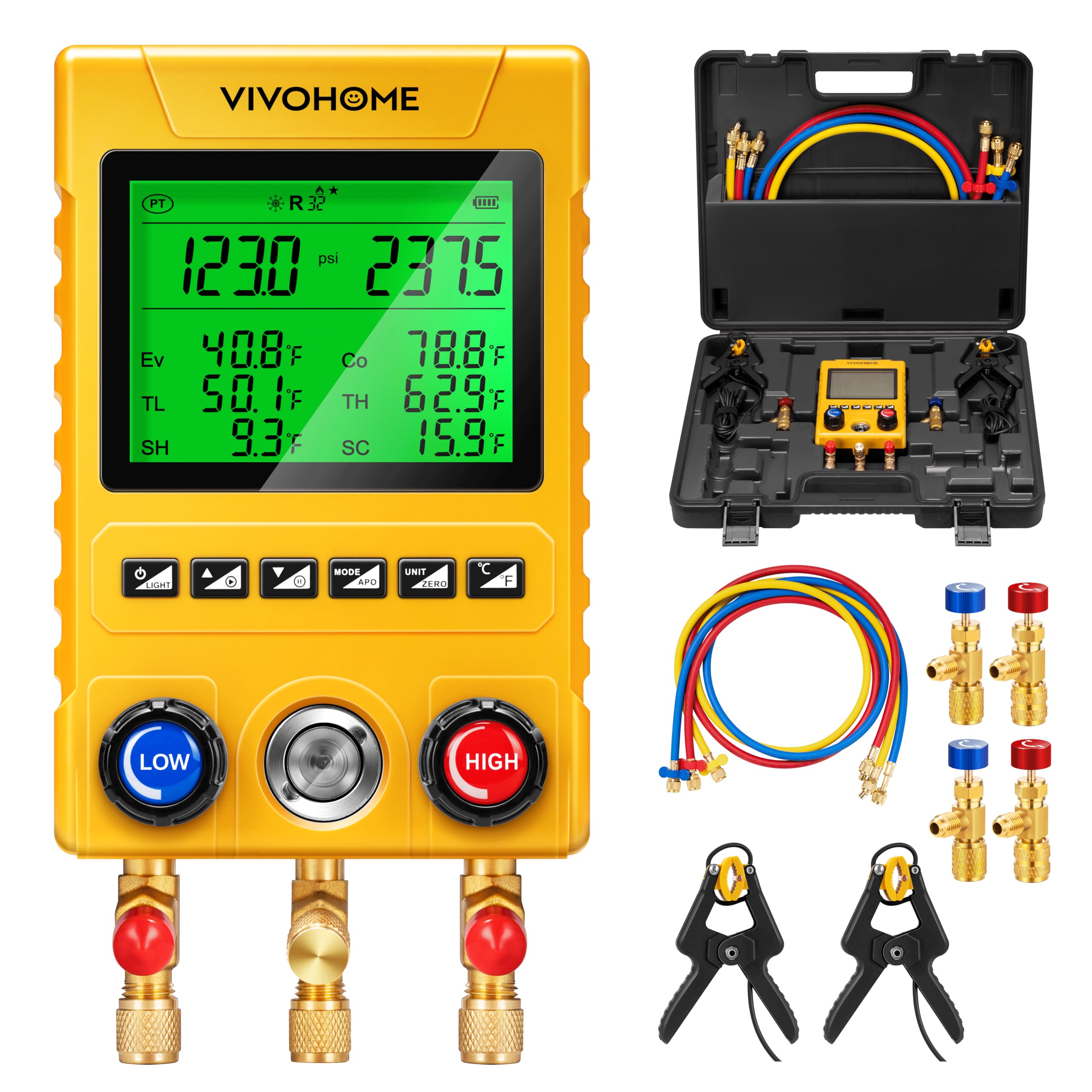 vivohome digital hvac manifold gauge set, refrigeration ac gauges with 2 wired temperature clamp probes and 3 hoses, pressure and temp test, for r134a r410a r32 r1234yf r454b refrigerant recharge kit