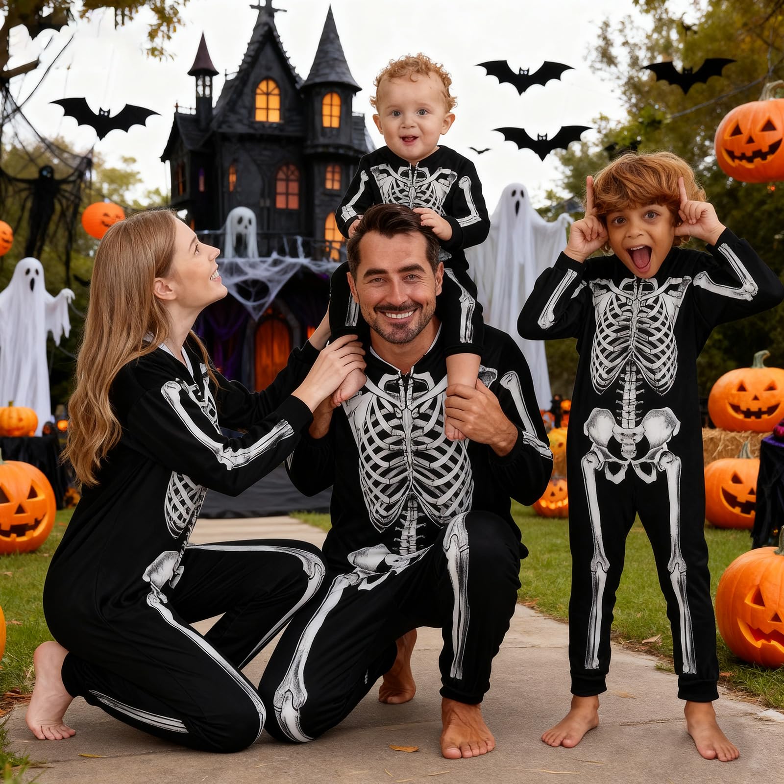 URMAGIC Family Matching Pyjamas Halloween Skeleton Costume Long Sleeve Hooded One Piece Jumpsuit Sleepwear Nightwear Pajamas Pjs for Men Women Children Boys Girls - Image 3