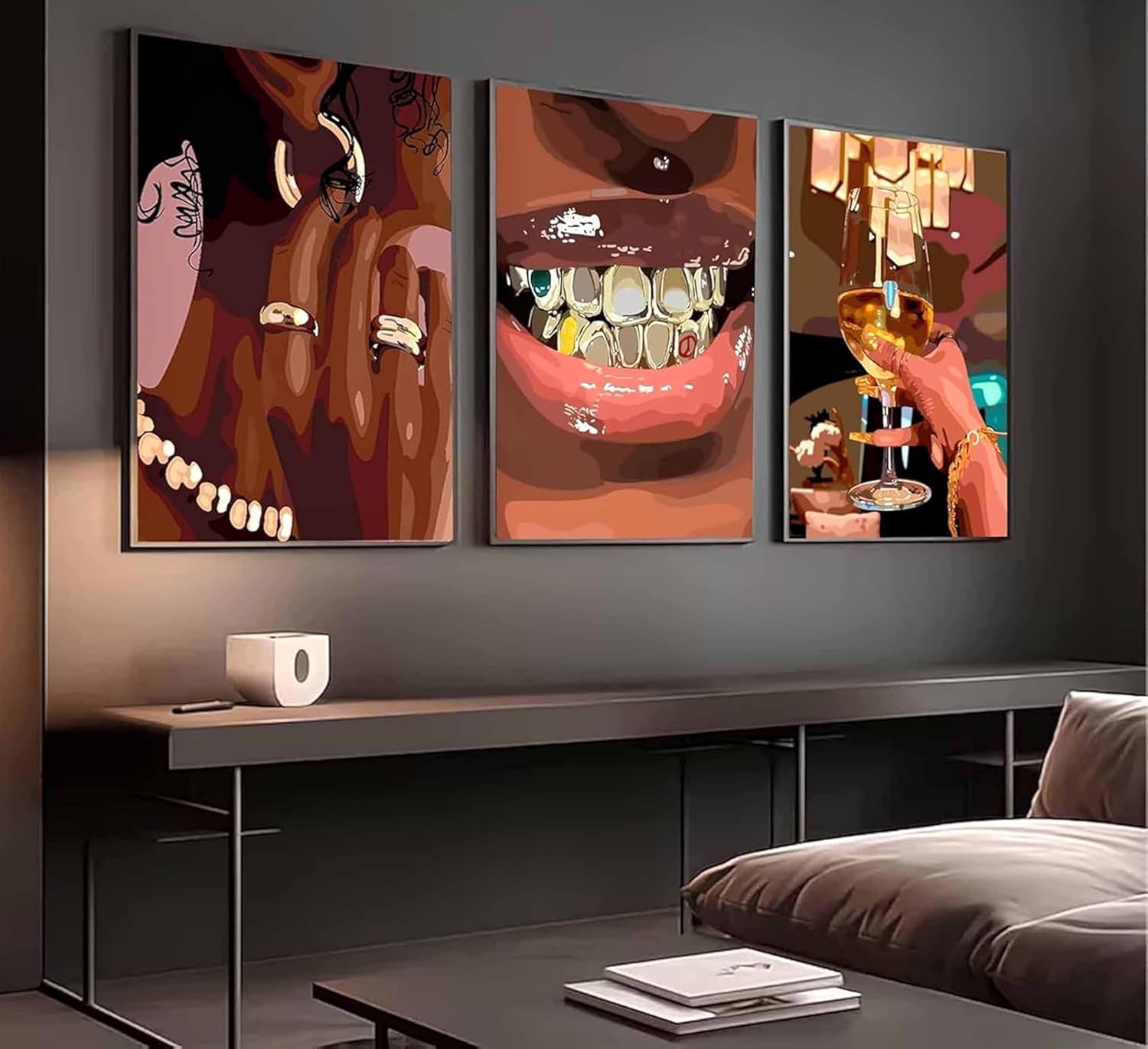 3 Pcs African American Woman Canvas Wall Art Fashion Bracelets Earrings Necklaces Gold Teeth Pictures Wall Decor Wine Trend Bar Cart Poster Print Artwork for Woman Bedroom Girl Room Decor Unframed
