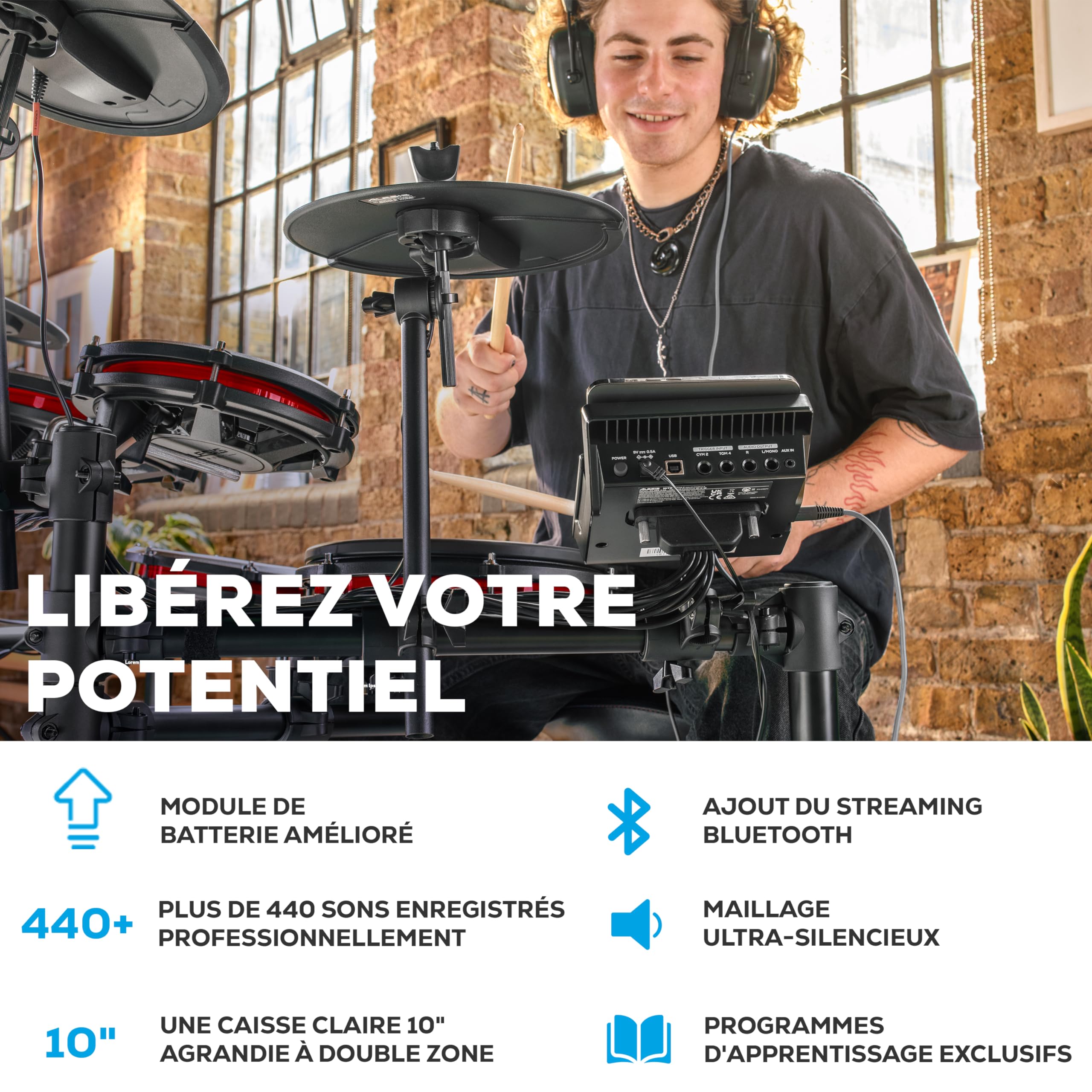 Alesis Nitro Max Kit Batterie Électronique de 10 pièces avec Pads en Maille Silencieuse, Caisse Claire 10" Dual Zone, Bluetooth, 440+ Sons Authentiques, Drumeo, USB MIDI, Pédale de Kick