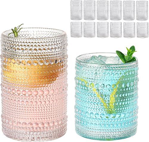Juego de 12 vasos de vidrio vintage para beber, transparentes de 12 onzas y 15 onzas, vaso de agua en relieve, para cerveza, cóctel, whisky, jugo y