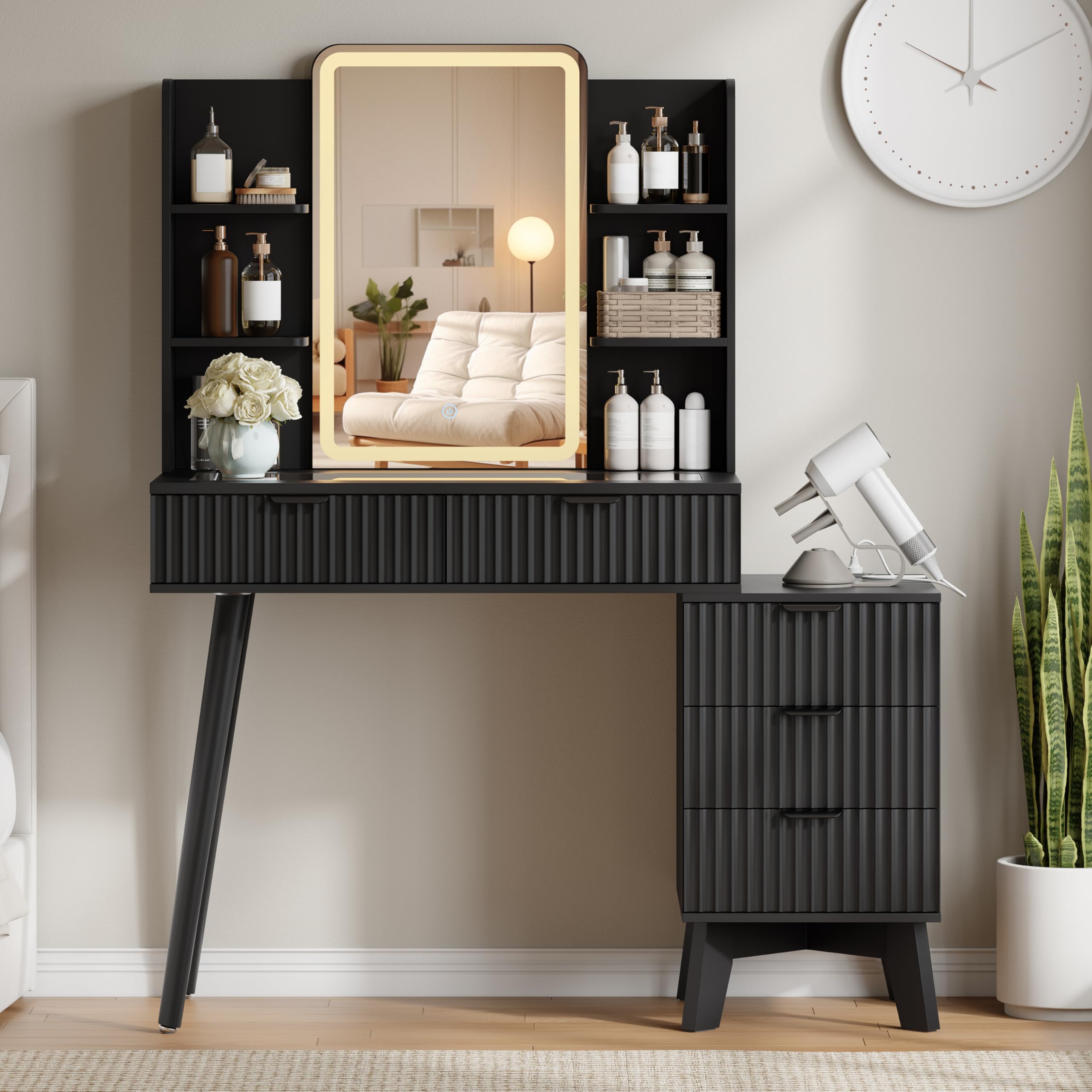 small dressing table black Amazon.com: IAISRO Fluted Makeup Vanity Desk with Mirror and Lights, 42
