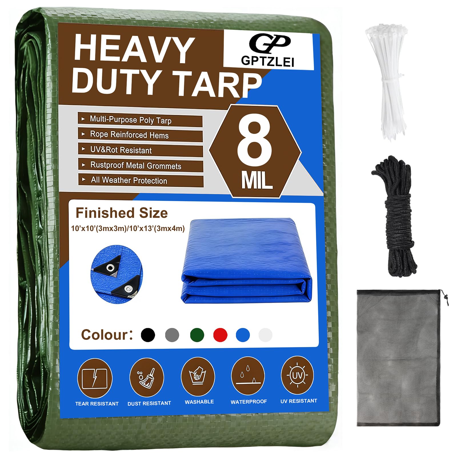 GPtzlei Heavy Duty Waterproof Tarpaulin 3m x 4m, 120GSM PE Cover, UV & Tear Resistant with Metal Grommets, Includes 5m Rope, 28 Straps & Storage Bag, for Car Cover, Garden, Camping - Green