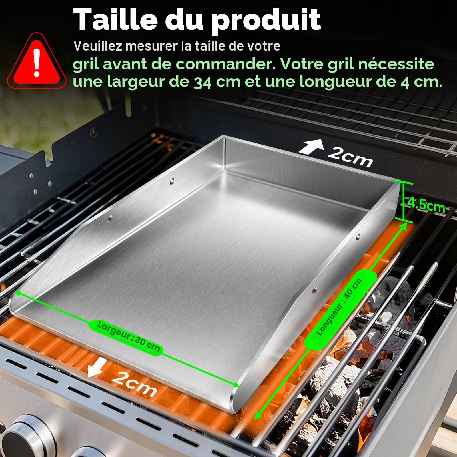 Plancha Plaque avec 2 spatules de barbecue de 4 mm d'épaisseur en acier inoxydable avec poignées amovibles, pour barbecue à gaz et barbecue au charbon de bois 40 x 30 x 4 cm