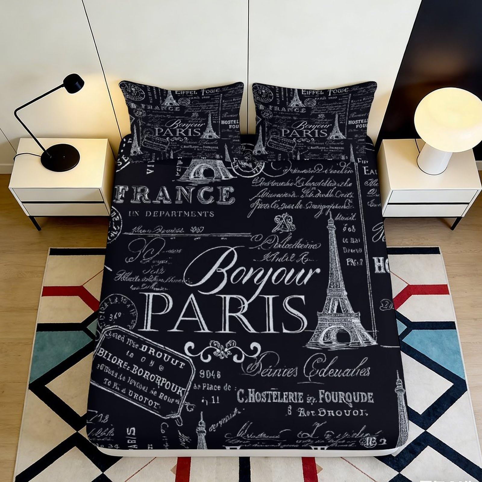 Pnayamiorkfel Style-10 3D Printed Paris Eiffel Tower Fitted Sheet Microfiber Black White Bed Cover For Bedroom Guestroom Dorm Decor Mattress Protection 90X200x25cm