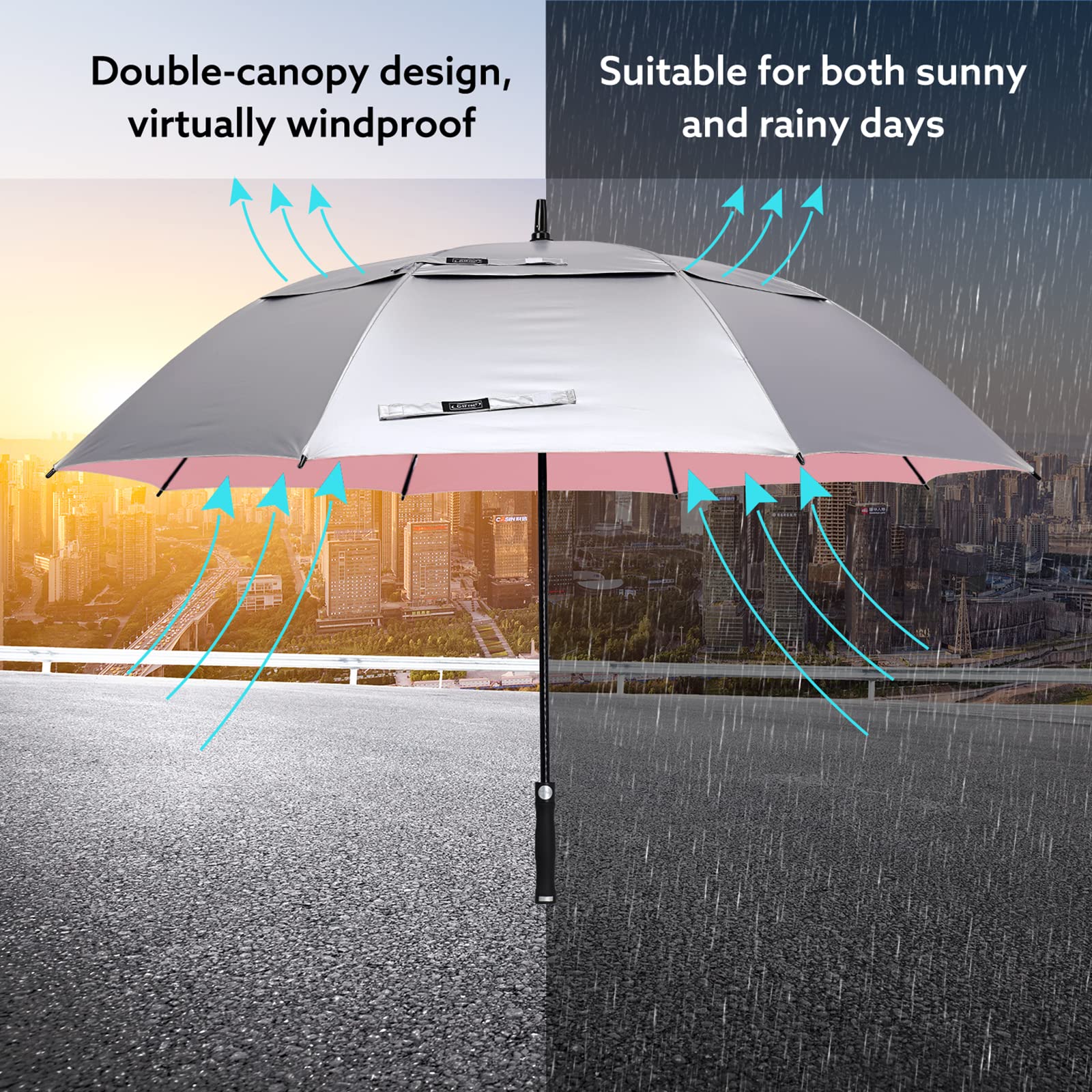 G4Free 68 Pouces Grand Parapluie de Golf Parapluie de Plage Ouverture Automatique Double Canopée Coupe-vent Anti UV pour Hommes Femmes