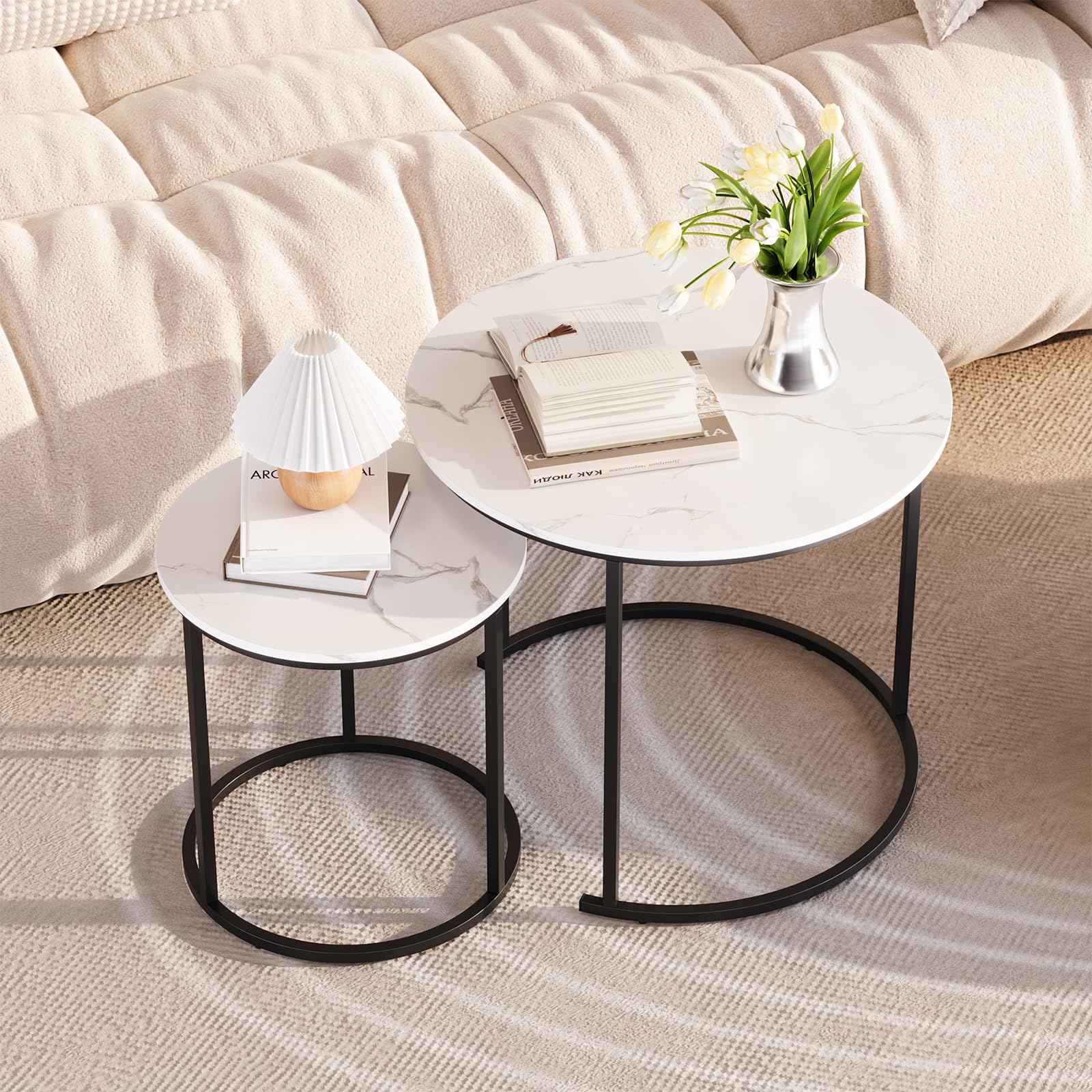 RRG Coffee Table Nesting White Set of 2 Side - Black Frame and Round White Marble Wood Table, Industrial End Table Side Tables for Living Room Bedroom Apartment Balcony Yard,White Marble