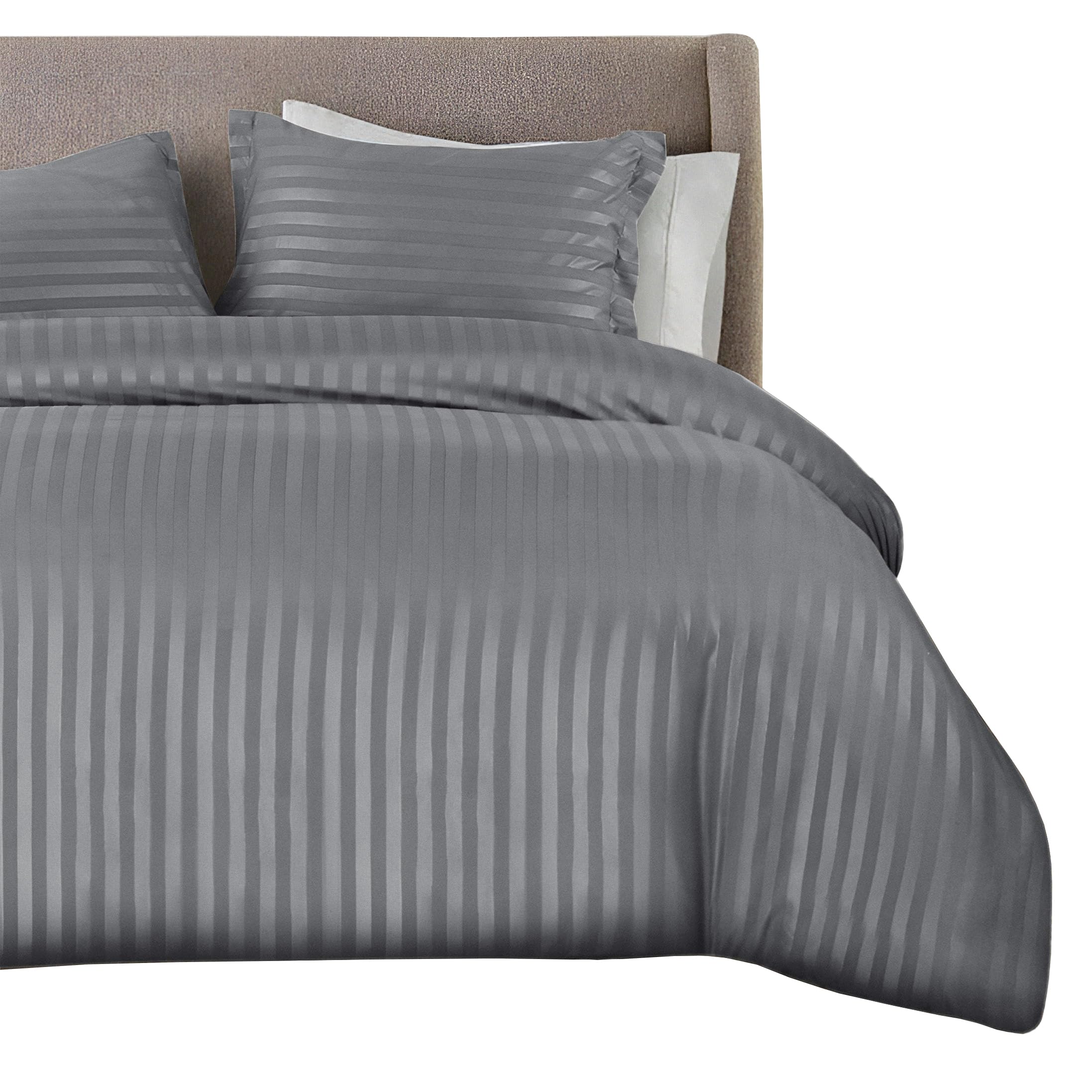 QATAN Premium Hotel Quality Satin Stripe Duvet Cover Set with Pillowcases | Reversible Hypoallergenic Soft Quilt Bedding | Easy Care Breathable Luxury Linen (Gray, Double)