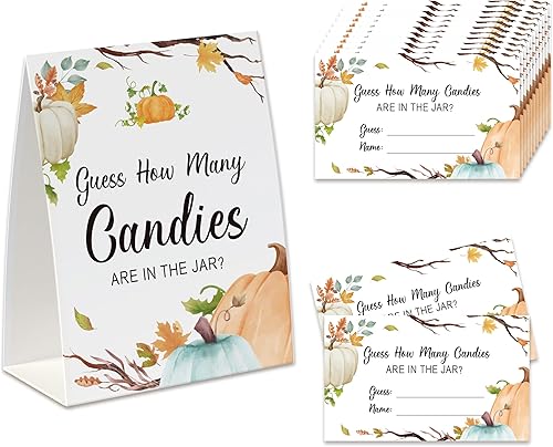 Juego de fiesta de dulces de Acción de Gracias, Guess How Many Candies Are In The Jar (1 letrero de pie de doble cara + 50 tarjetas de adivinación),