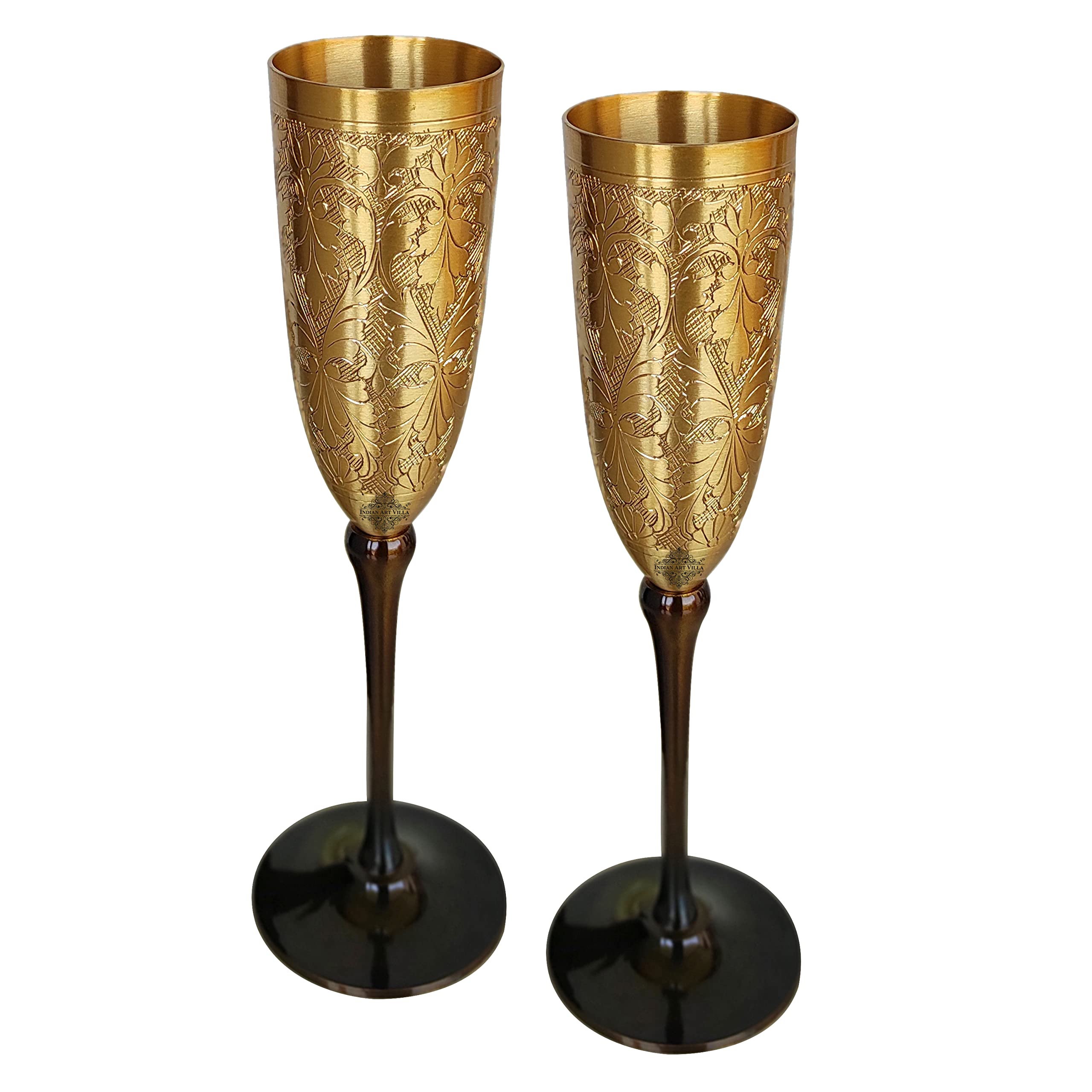 INDIAN ART VILLA Brass Matt Finish Embossed Design Flute Champagne Glass, Bareware, Bar Accessories & Tools for Bars, Catering Venues, Home, Office, Party, Hotels, Volume- 200 ML, Set of 2