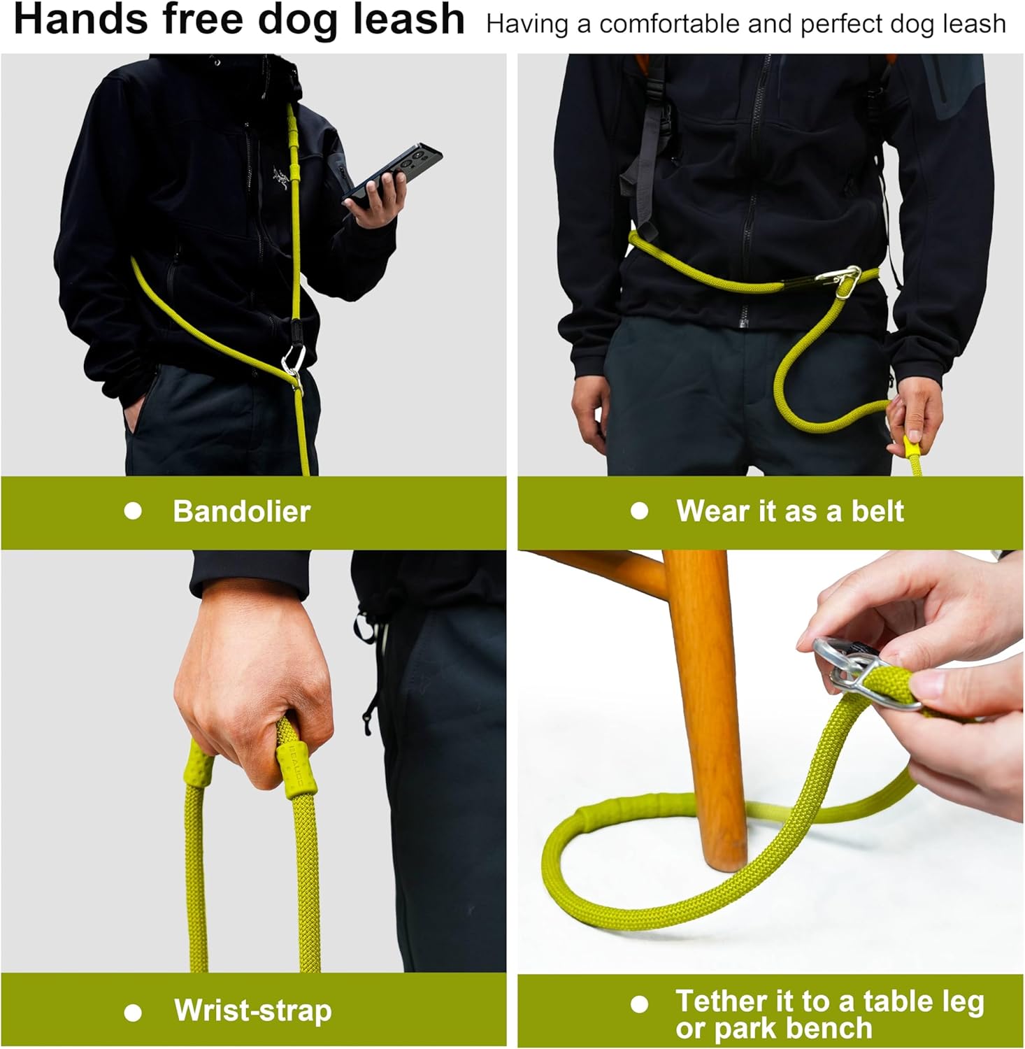 ハンズフリー 犬用リーシュ、ダブルハンドル付きリーシュ、クロスボディ、ウエスト、ロングリーシュ、テザー使用に調節可能、ウォーキングト