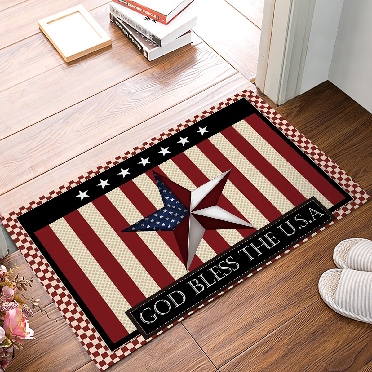 BMALL Rubber Doormat Outdoor Door Mats Rubber Shoes Scraper for Front Door Entrance Outside Doormat Huge Star Pattern，Flag of The United States