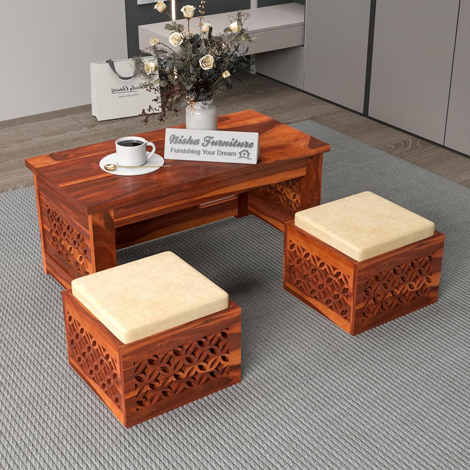 SIGNATURE KRAFT Solid Sheesham Wood Coffee Table with 2 Stools for Home, Office | Wooden Center Cofee Table for Living Room, Center Table with Shelf Storage, Carved- Natural Teak Finish-image-37