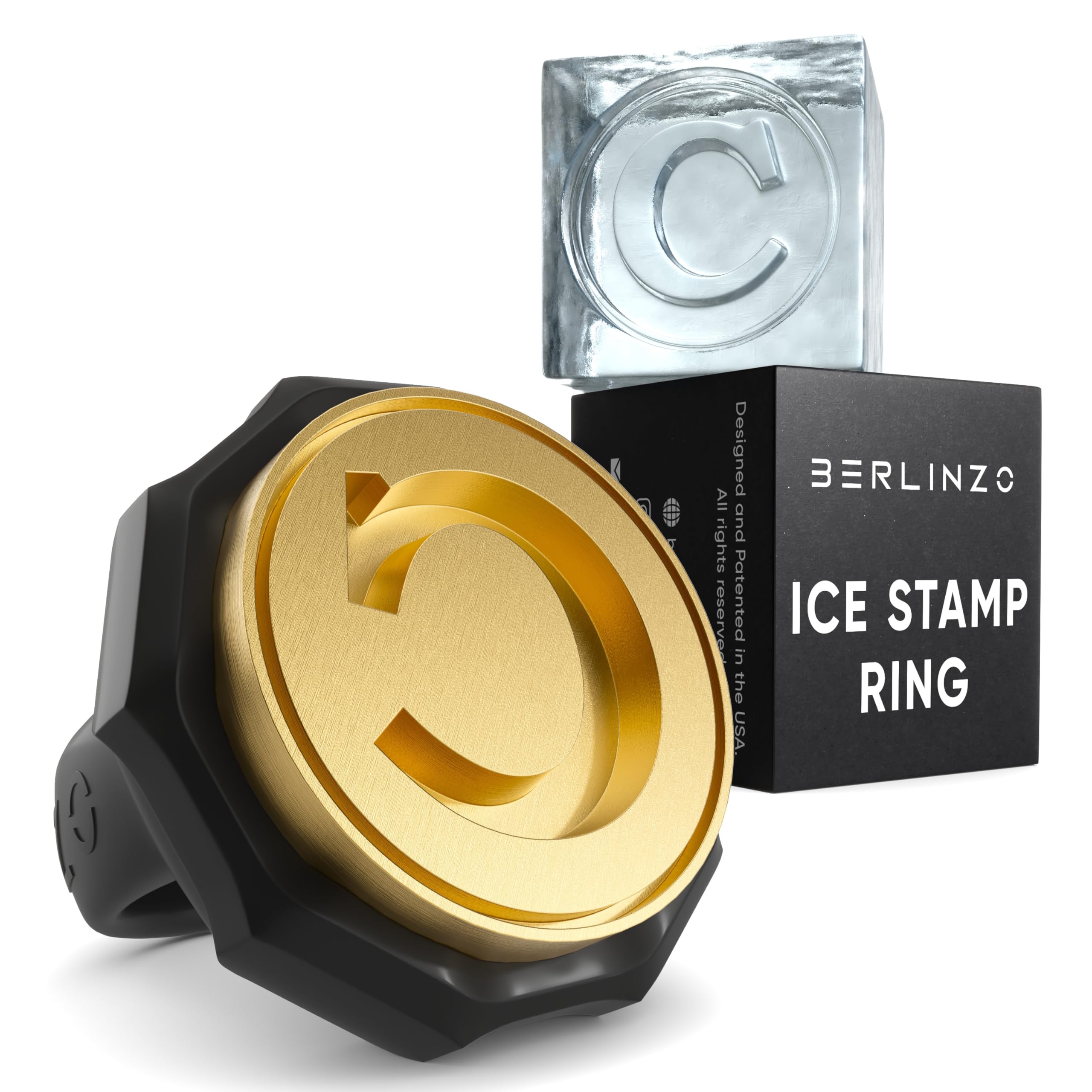 Berlinzo Ice Stamp Ring for Cube & Sphere - Custom Cubes for Whiskey, Mojito Cocktails - C Letter Shaped Brass Stamp With 3mm Depth - Black โ image 1