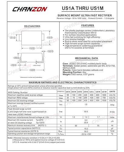 Miniatura 2 de Paquete de 100 piezas Chanzon US1M SMD Ultra Fast Recovery Rectificador Diodo 1A 1000V 50-75ns SMA (DO-214AC) 1 Amp 1000 Voltios Diodos Electrónicos